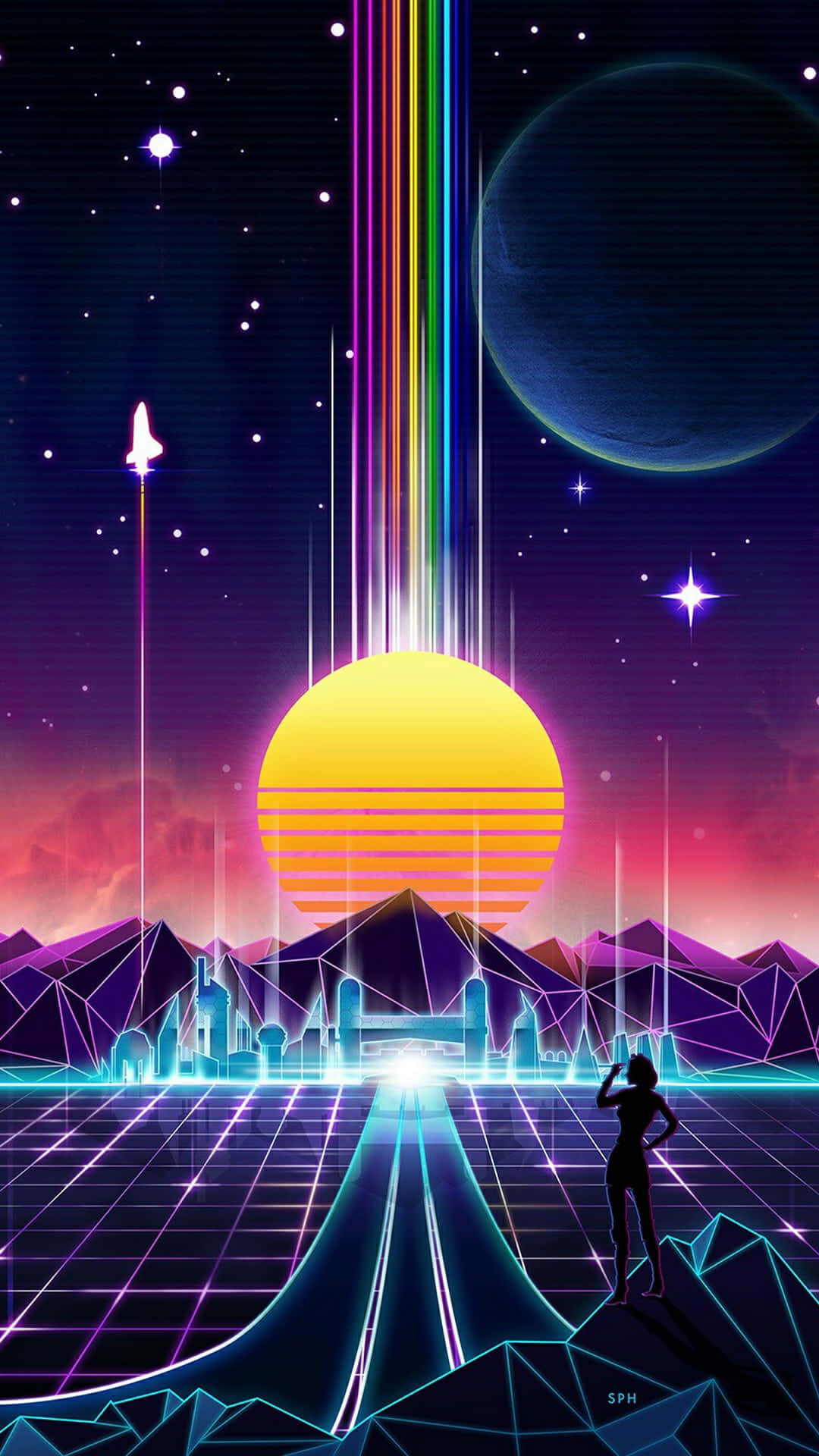 retrofuturistic silhouette, glowing grid, vibrant sunset, Full HD Phone Wallpaper