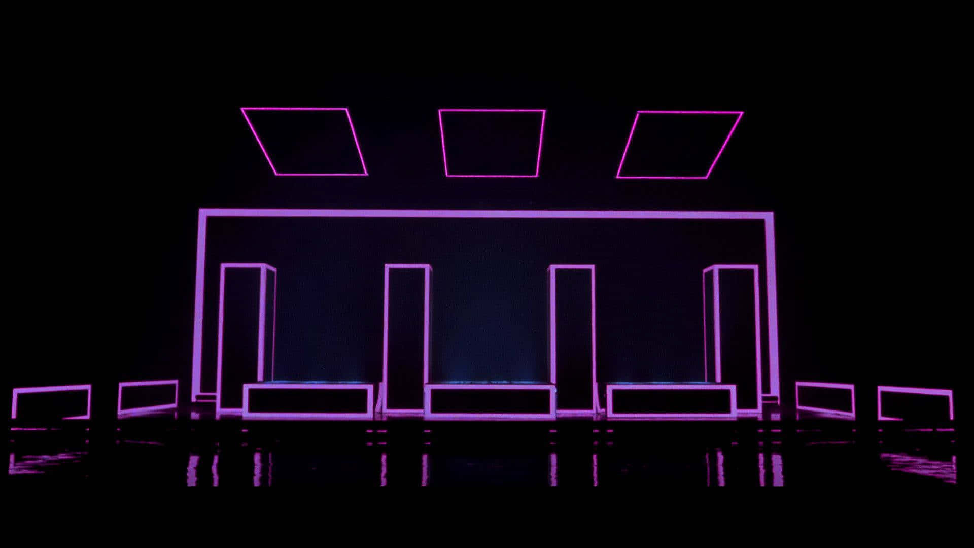 glowing purple neon, black background, reflective floor, Full HD Desktop Wallpaper