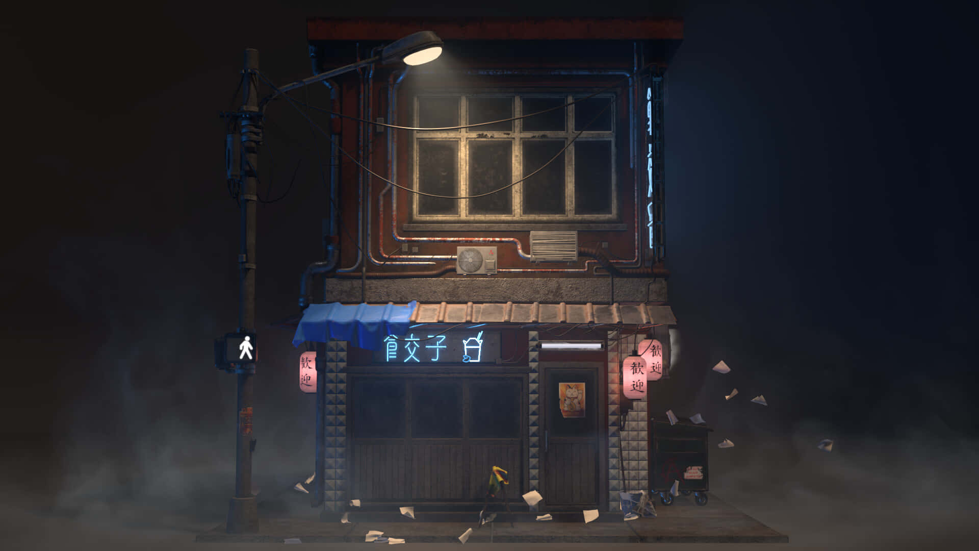 neon-lit Japanese restaurant, night, papers floating in misty air, Full HD Desktop Wallpaper