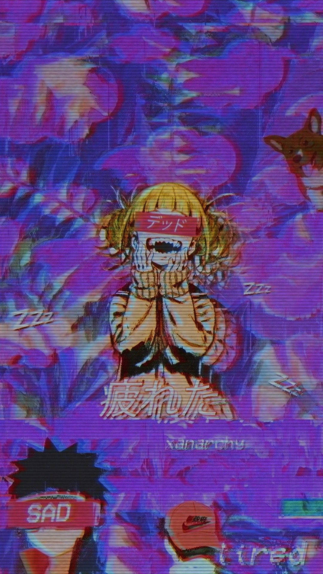 Aesthetic Trippy Anime On Purple, glitchy anime girl, red 'DEAD' bandana, Full HD Phone Wallpaper