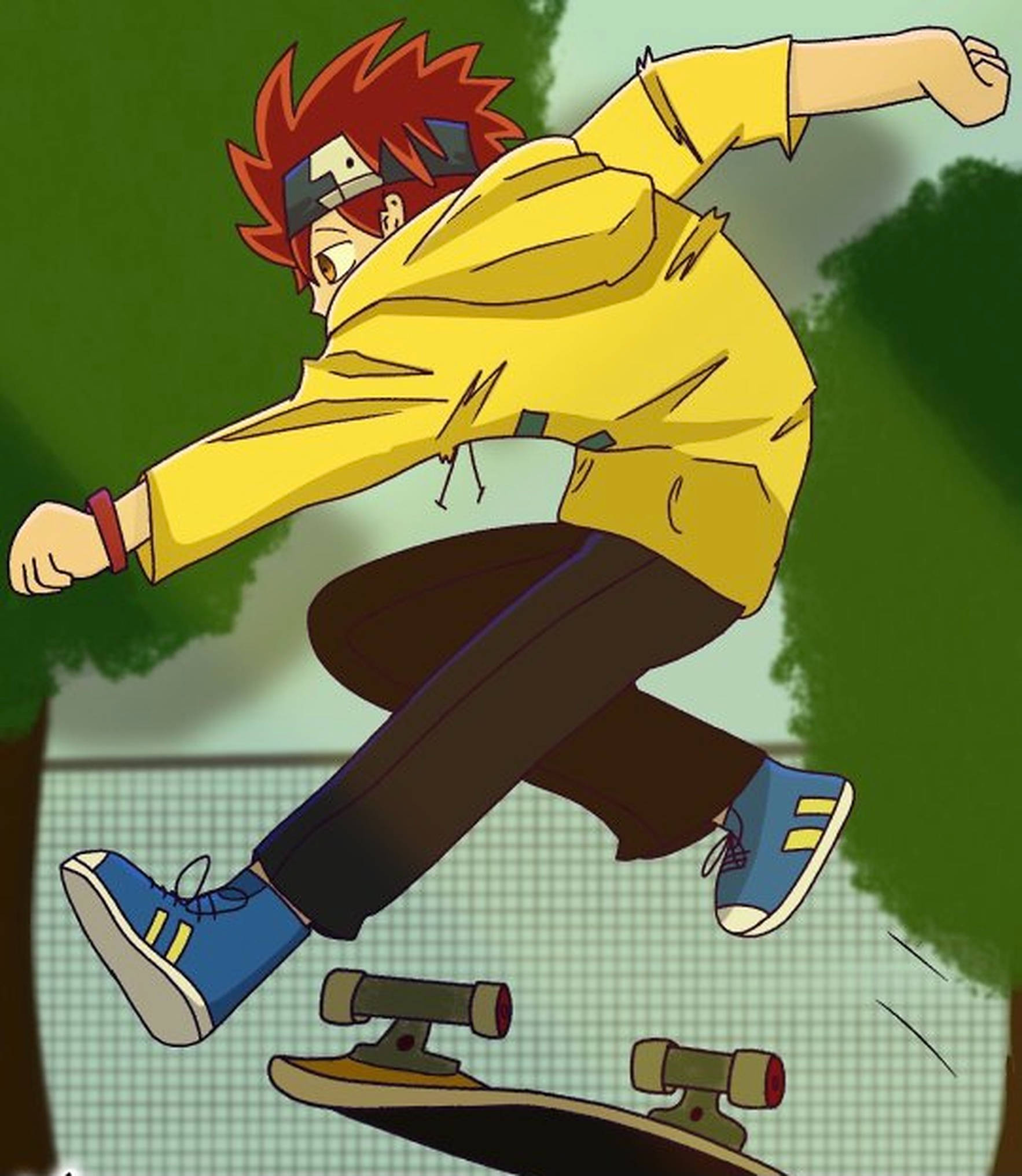 red-haired anime boy, yellow hoodie, mid-air skateboarding trick, Full HD Phone Wallpaper