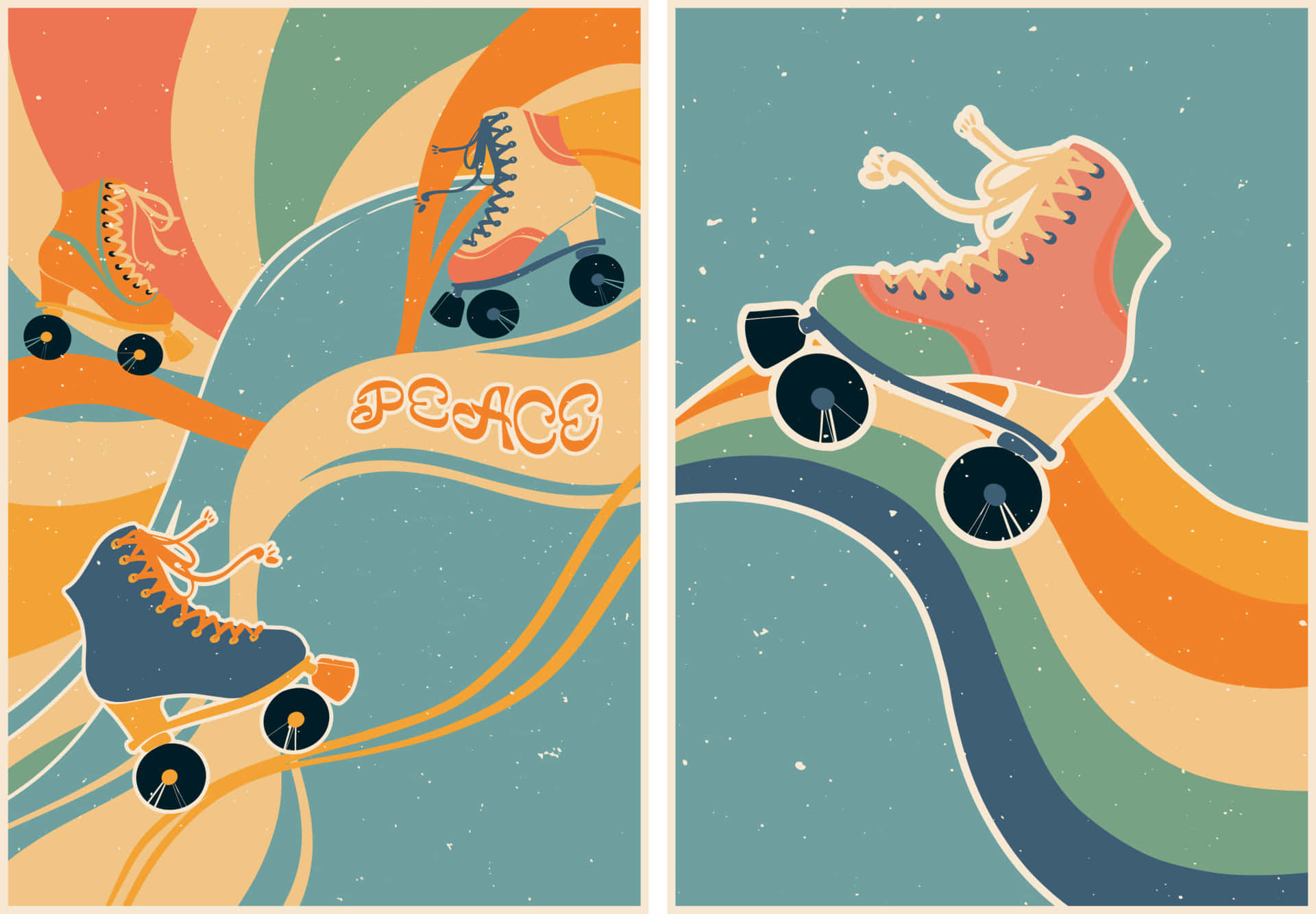 retro roller skates, swirling rainbow waves, word peace, Full HD Desktop Wallpaper