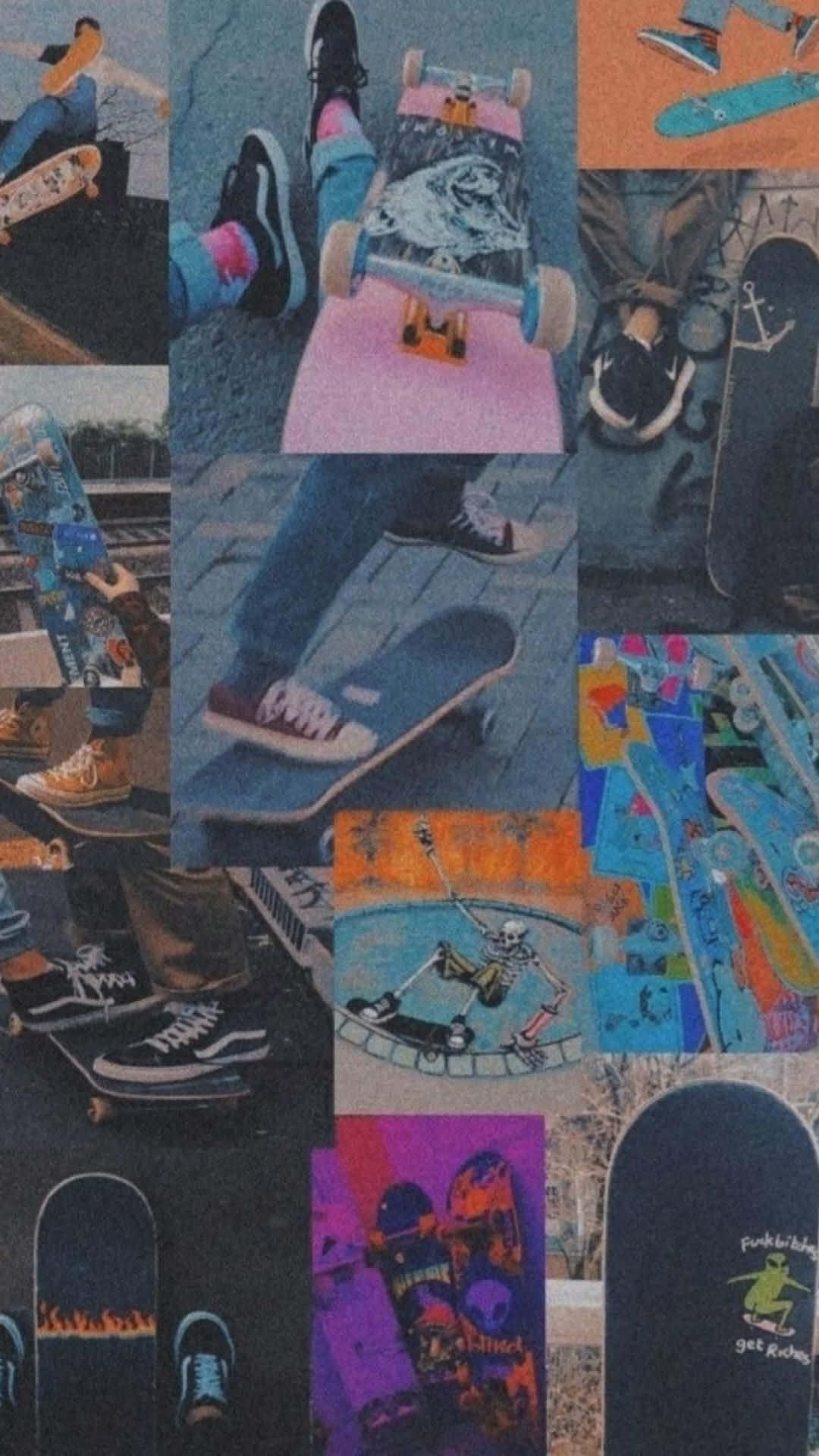 Trippy Skater Collage Aesthetic, skateboarders in action, colorful boards, Full HD Phone Wallpaper