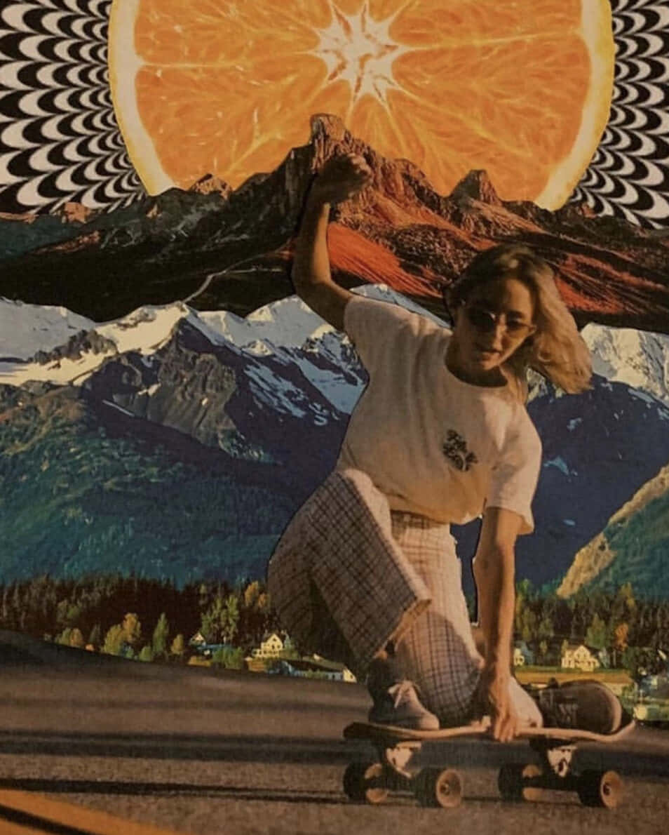 Trippy Skater, psychedelic sun, giant orange slice, SD Phone Wallpaper
