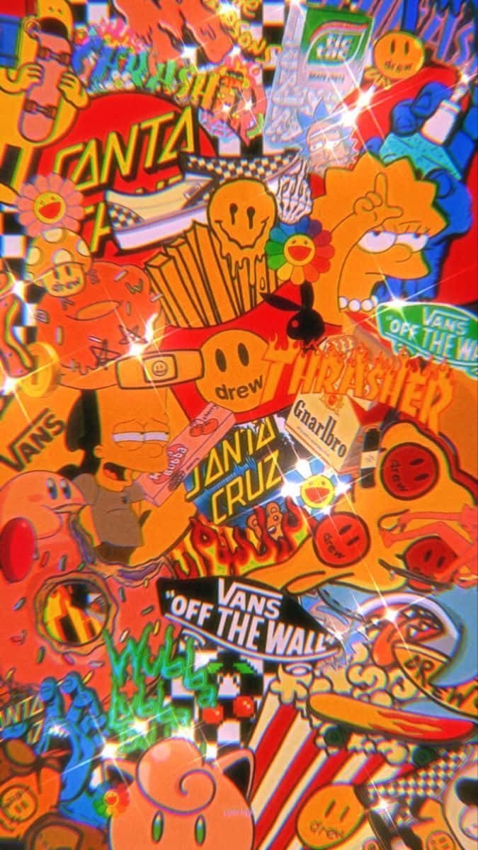 vibrant collage, cartoon characters logos, brand stickers, SD Phone Wallpaper