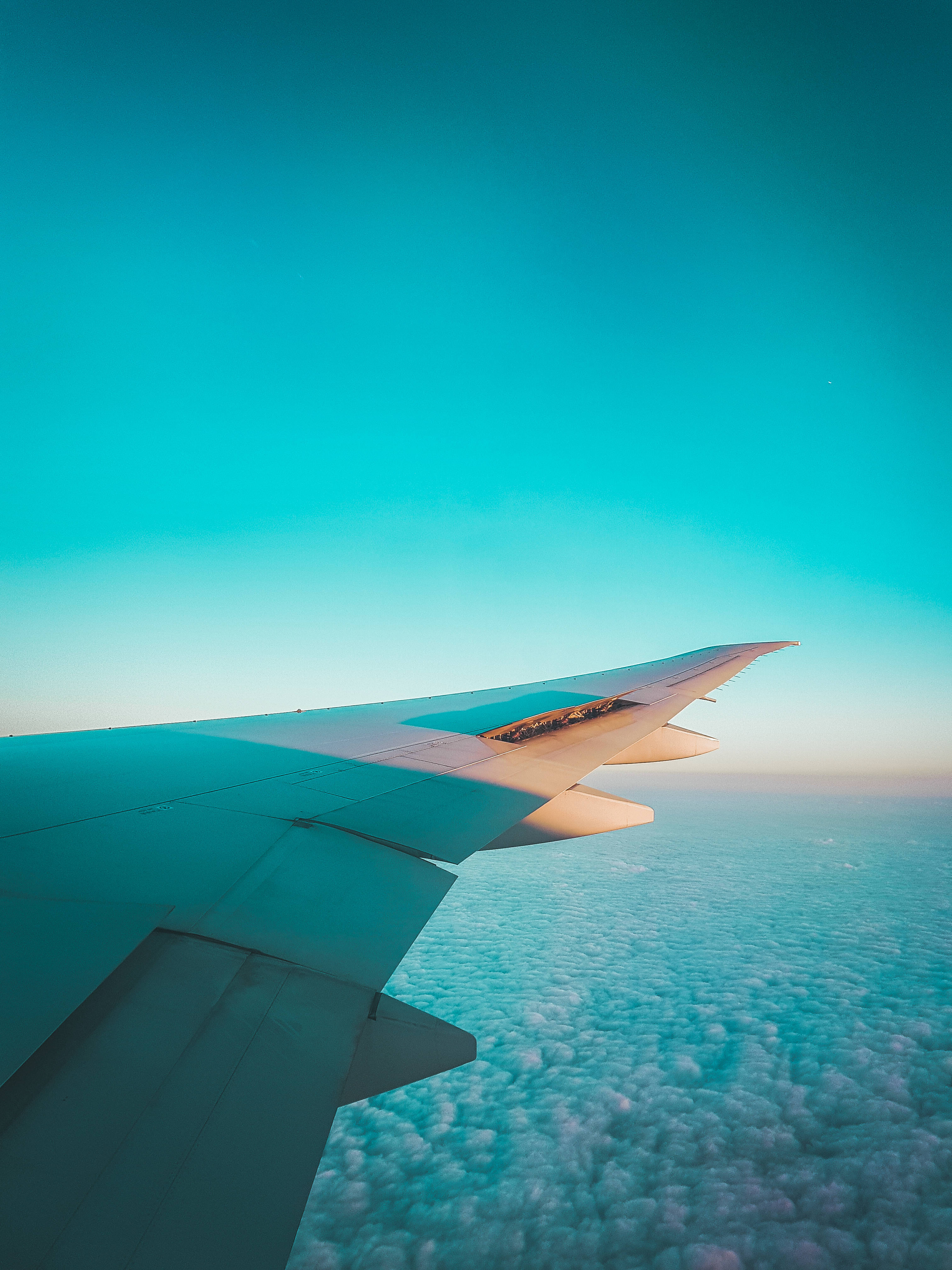 teal sky, airplane wing, turquoise clouds, 4K Phone Wallpaper