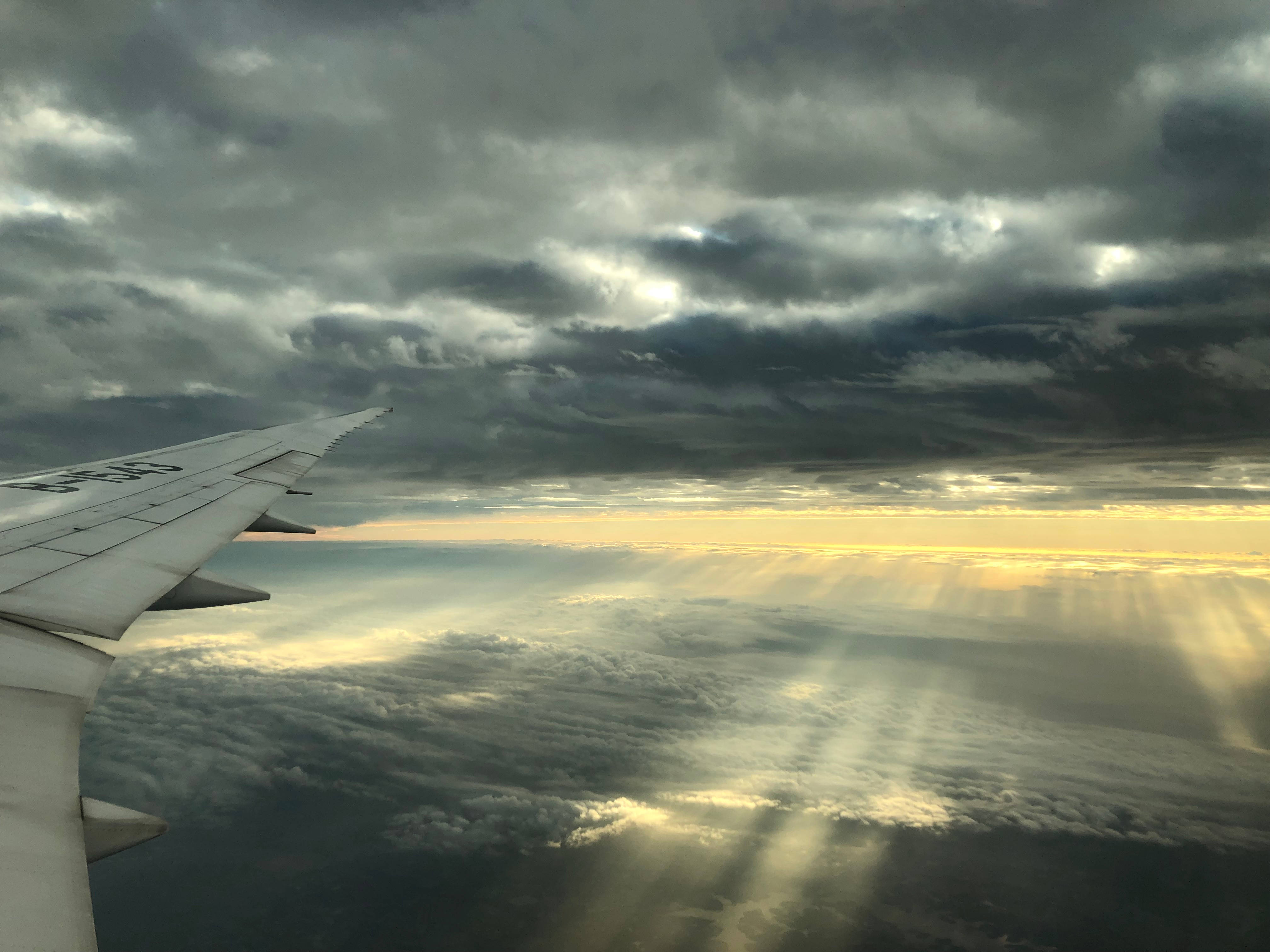 plane wing, sunshine sky, storm clouds, 4K Desktop Wallpaper