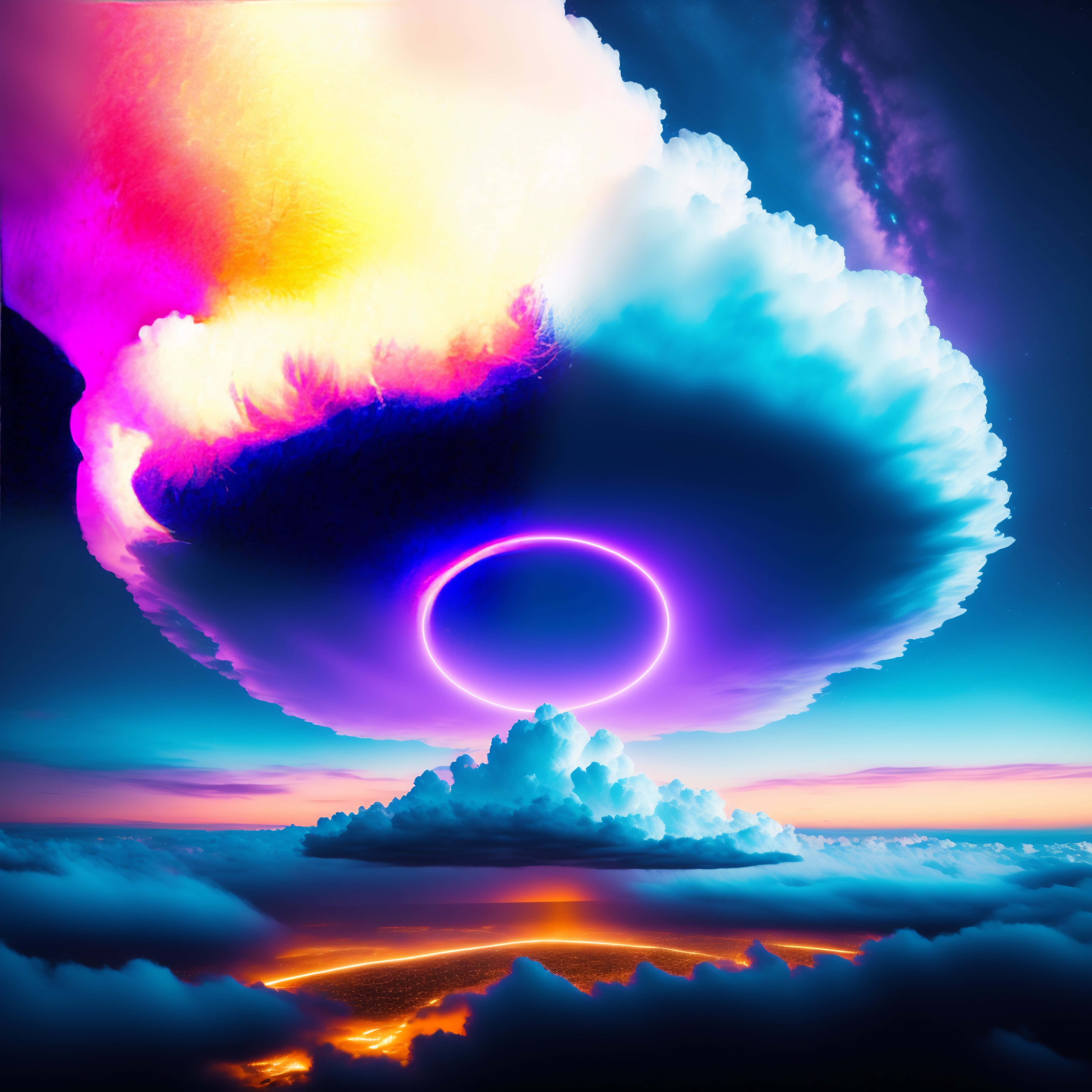Trippy Sky, glowing purple ring, cloud formation, 5K Desktop Wallpaper