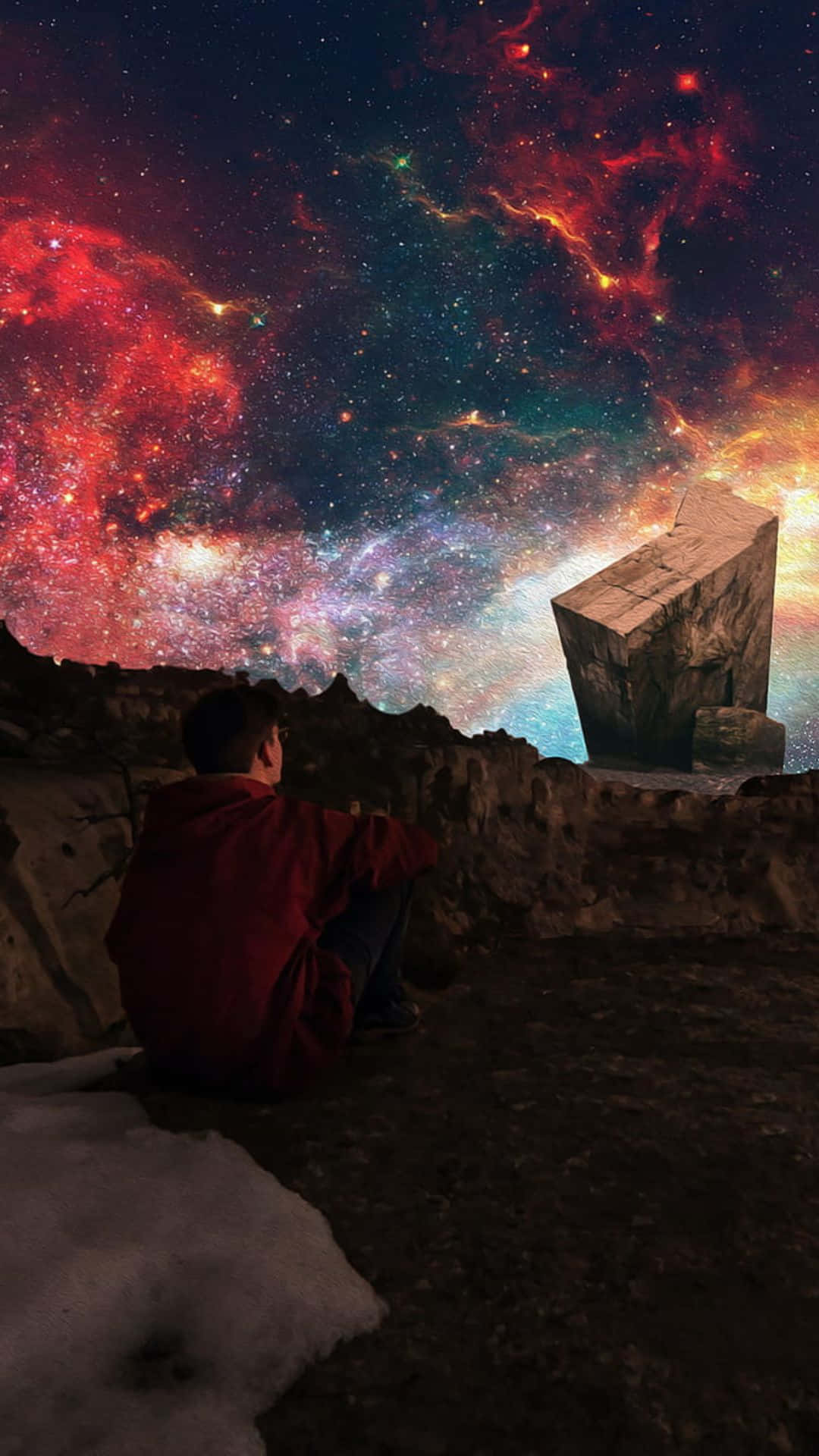 Trippy Sky, cosmic nebula, stone monolith, Full HD Phone Wallpaper