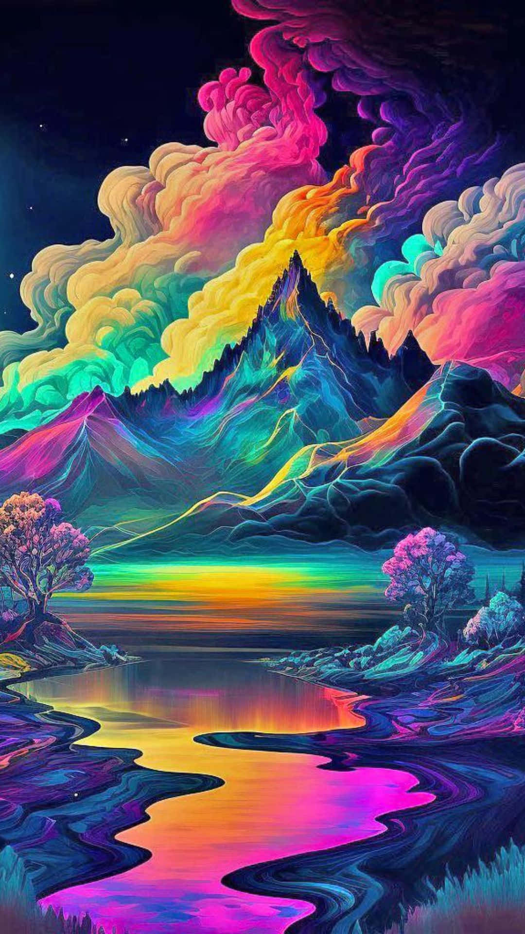 Trippy Sky, neon-colored clouds, glowing river, Full HD Phone Wallpaper