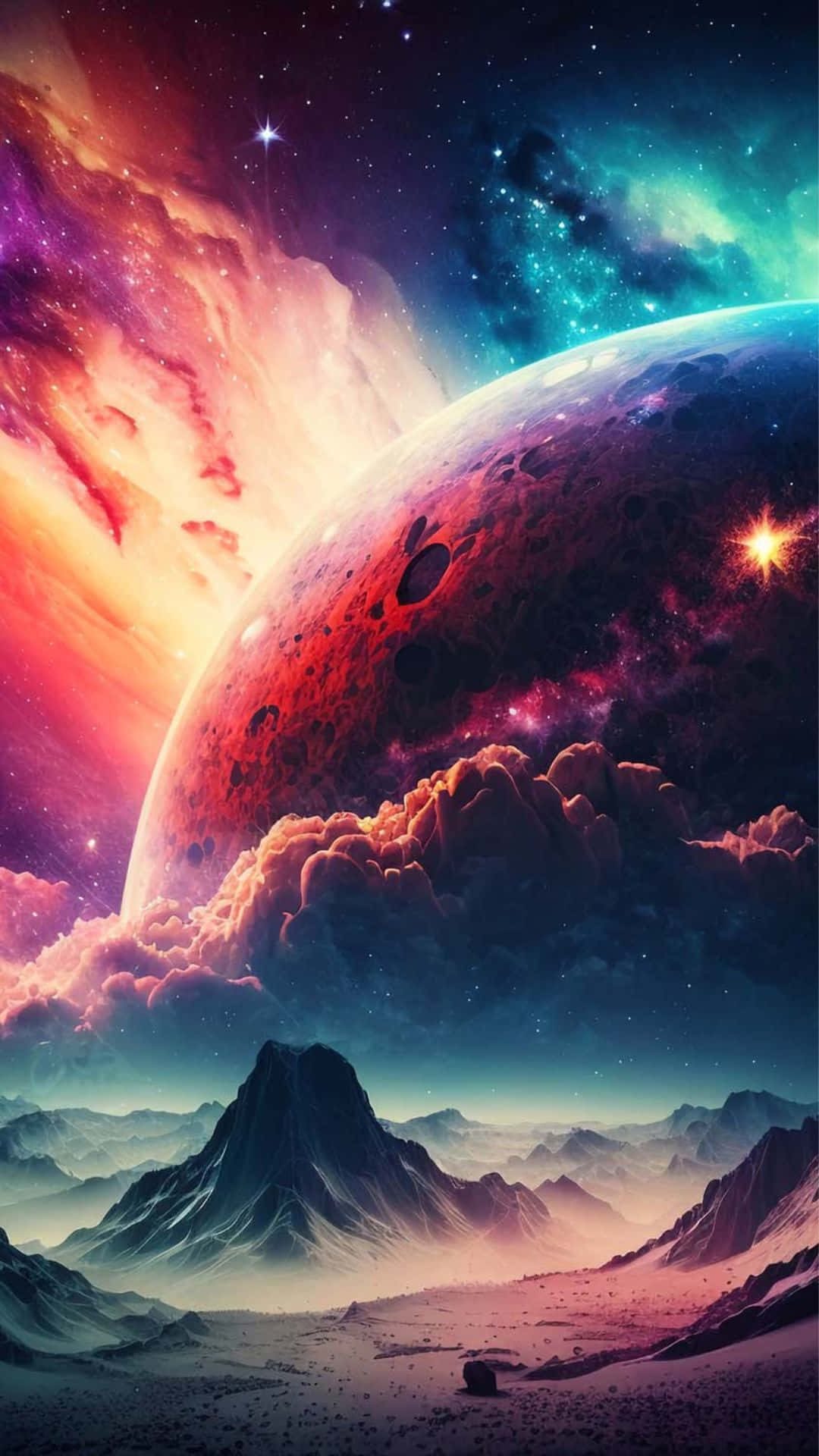Trippy Sky, dusk, jagged mountains, Full HD Phone Wallpaper