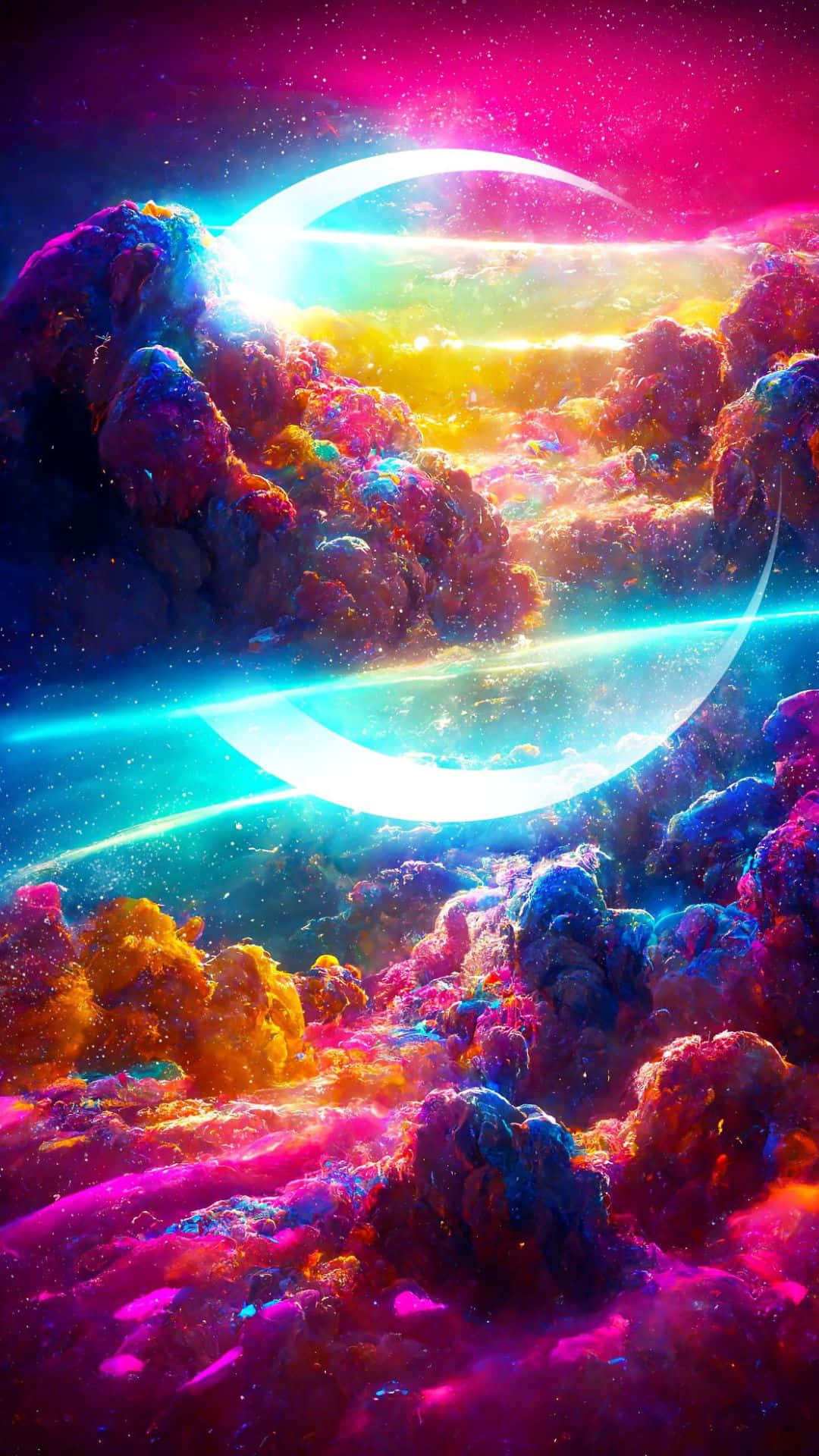 Trippy Sky, neon hues, glowing crescent moon, Full HD Phone Wallpaper