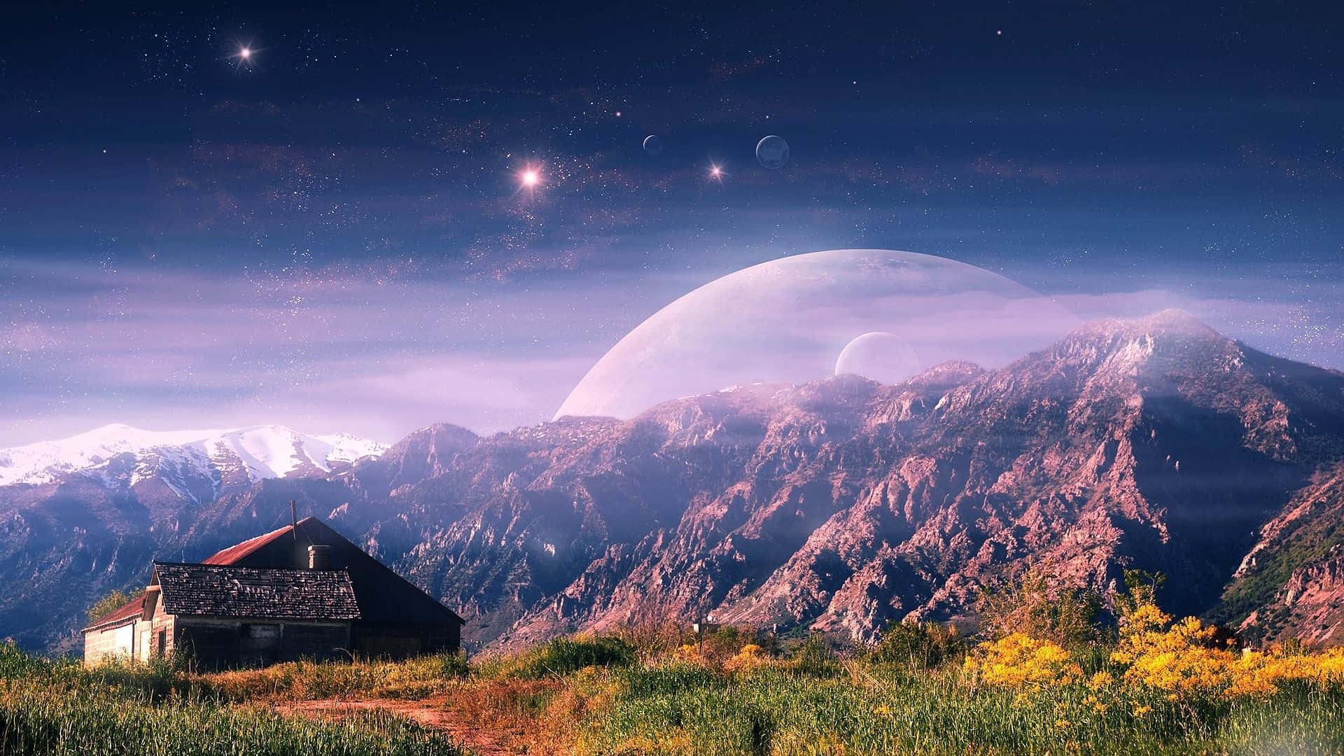 Trippy Sky, rustic cabin, snow-capped mountains, Full HD Desktop Wallpaper