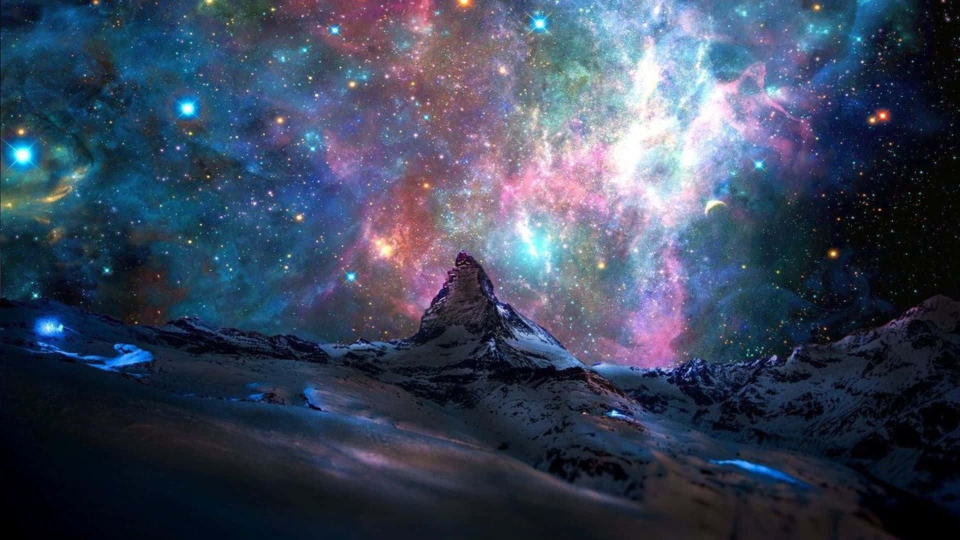 Trippy Sky, snowcapped mountain peak, cosmic nebula, Full HD Desktop Wallpaper