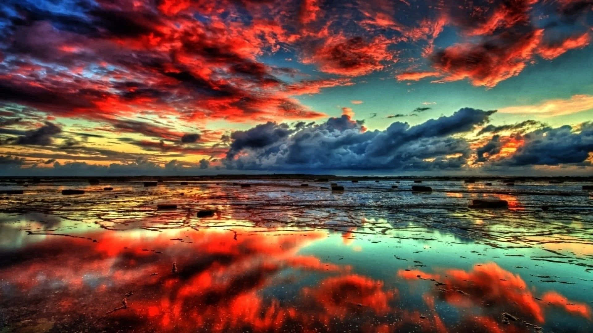 Trippy Sky, red and teal clouds, dramatic sunset, Full HD Desktop Wallpaper