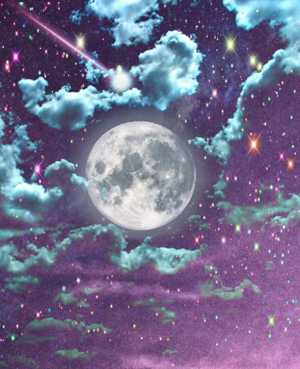 Trippy Sky, luminous full moon, teal clouds, SD Phone Wallpaper