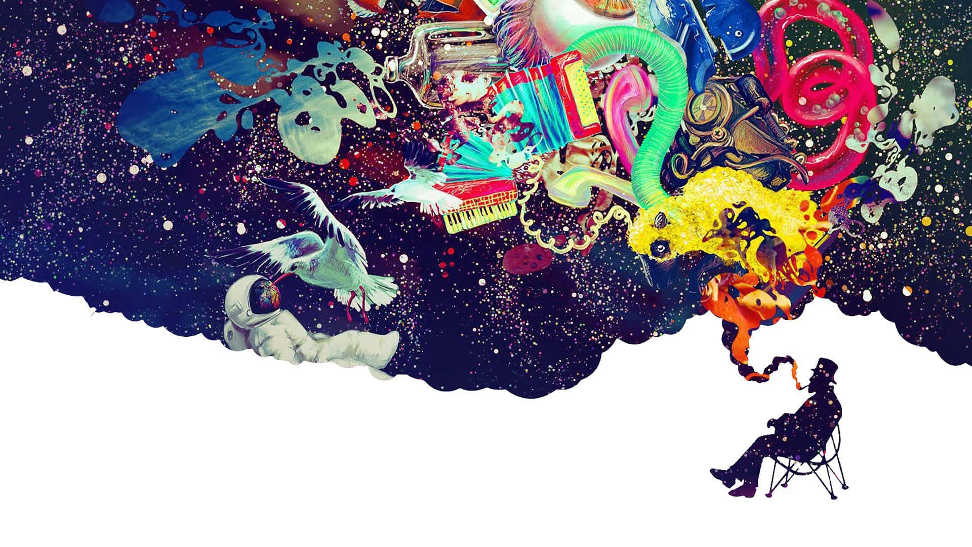 Trippy Space, cosmic collage, seated figure, Full HD Desktop Wallpaper