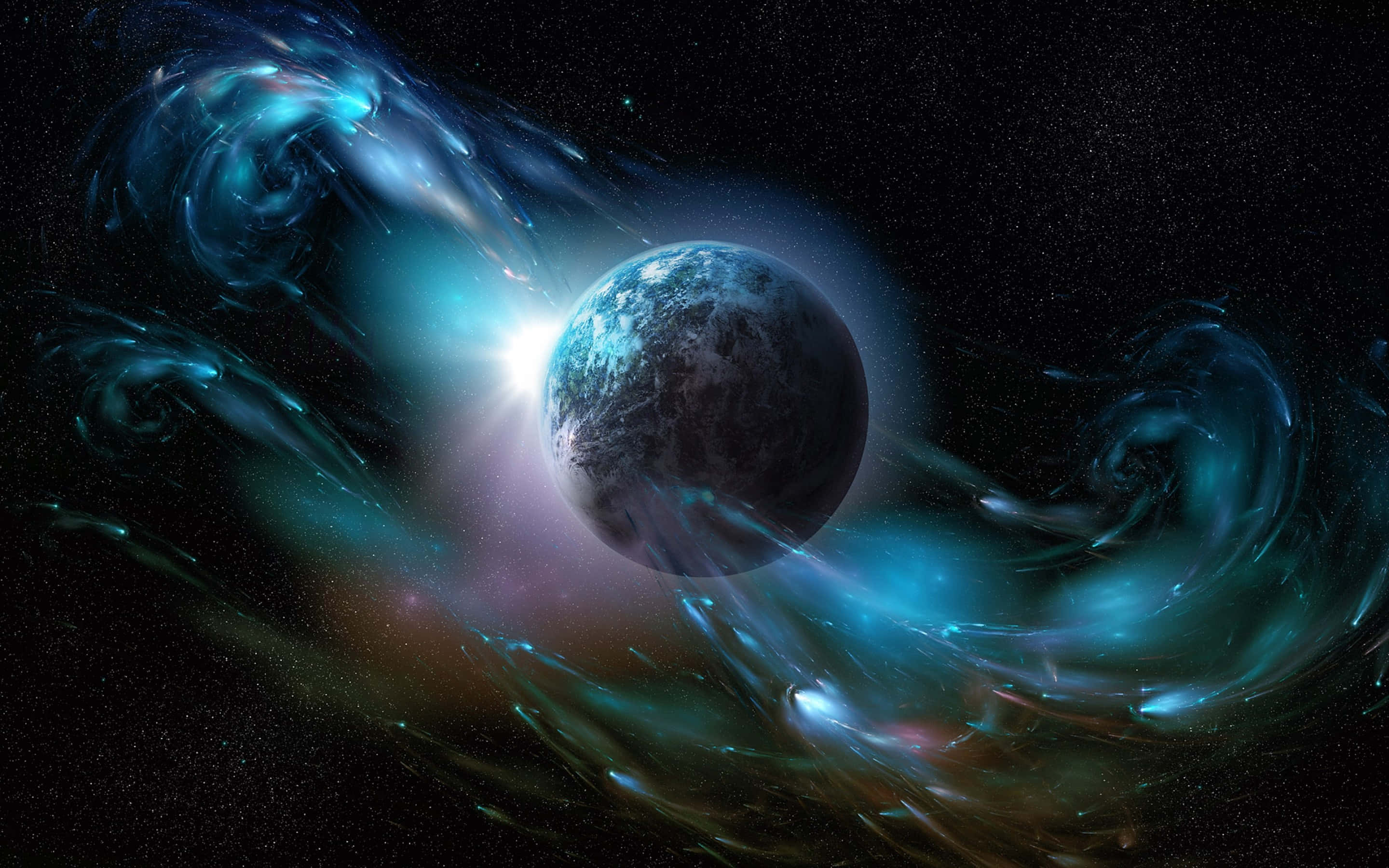 Trippy Space, glowing blue planet, radiant star, 2K Desktop Wallpaper