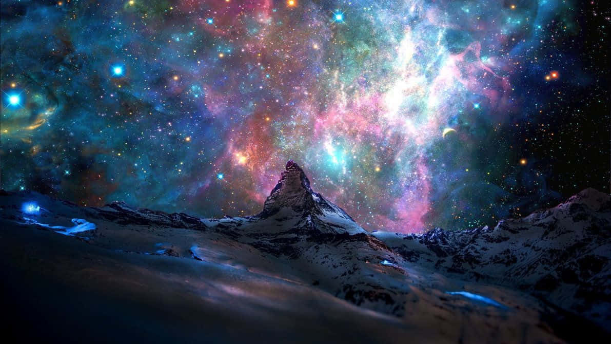 Trippy Space, snowy mountain peak, vibrant cosmic nebula, SD Desktop Wallpaper