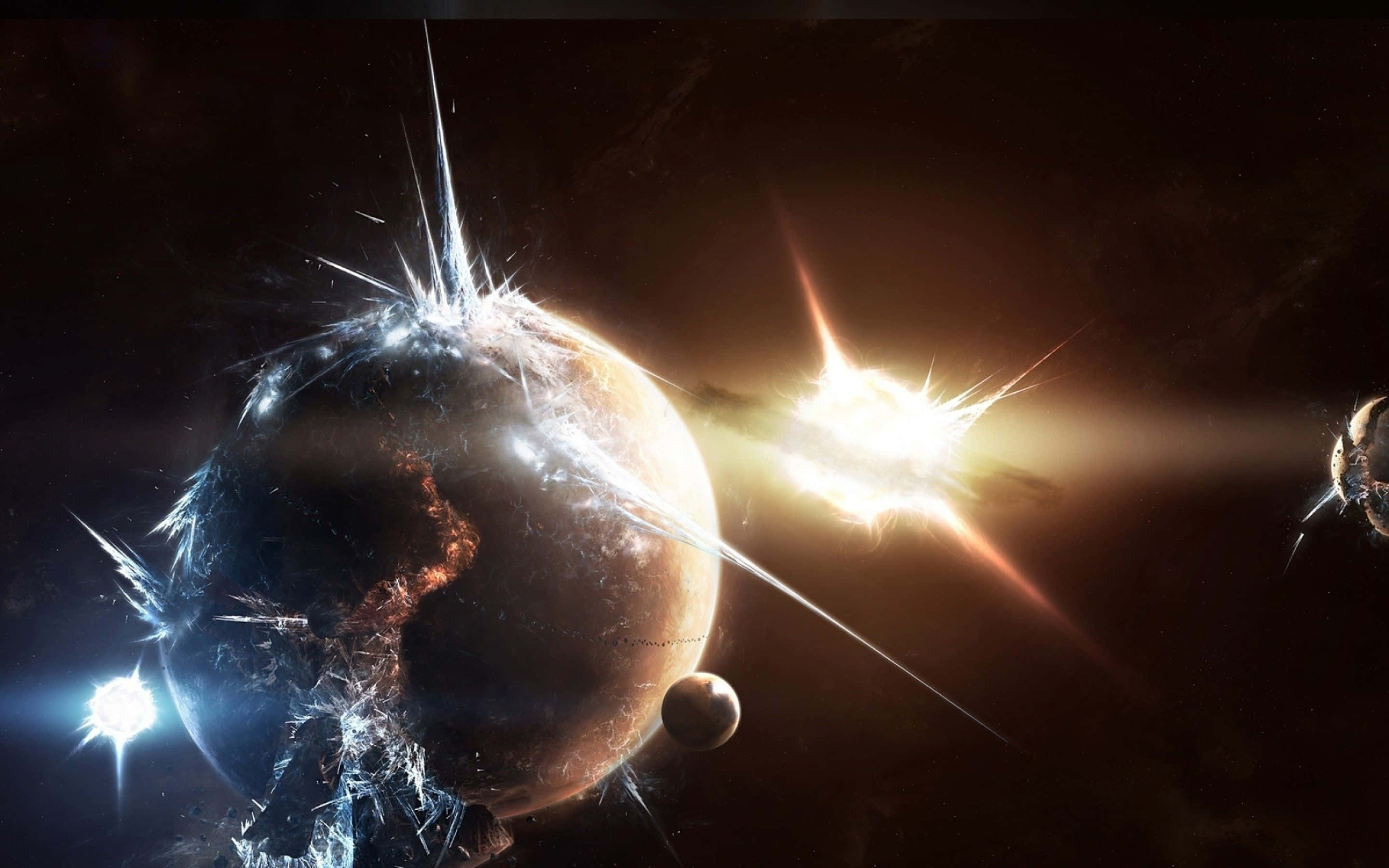 Trippy Space, shattered planet, glowing fractures, 2K Desktop Wallpaper