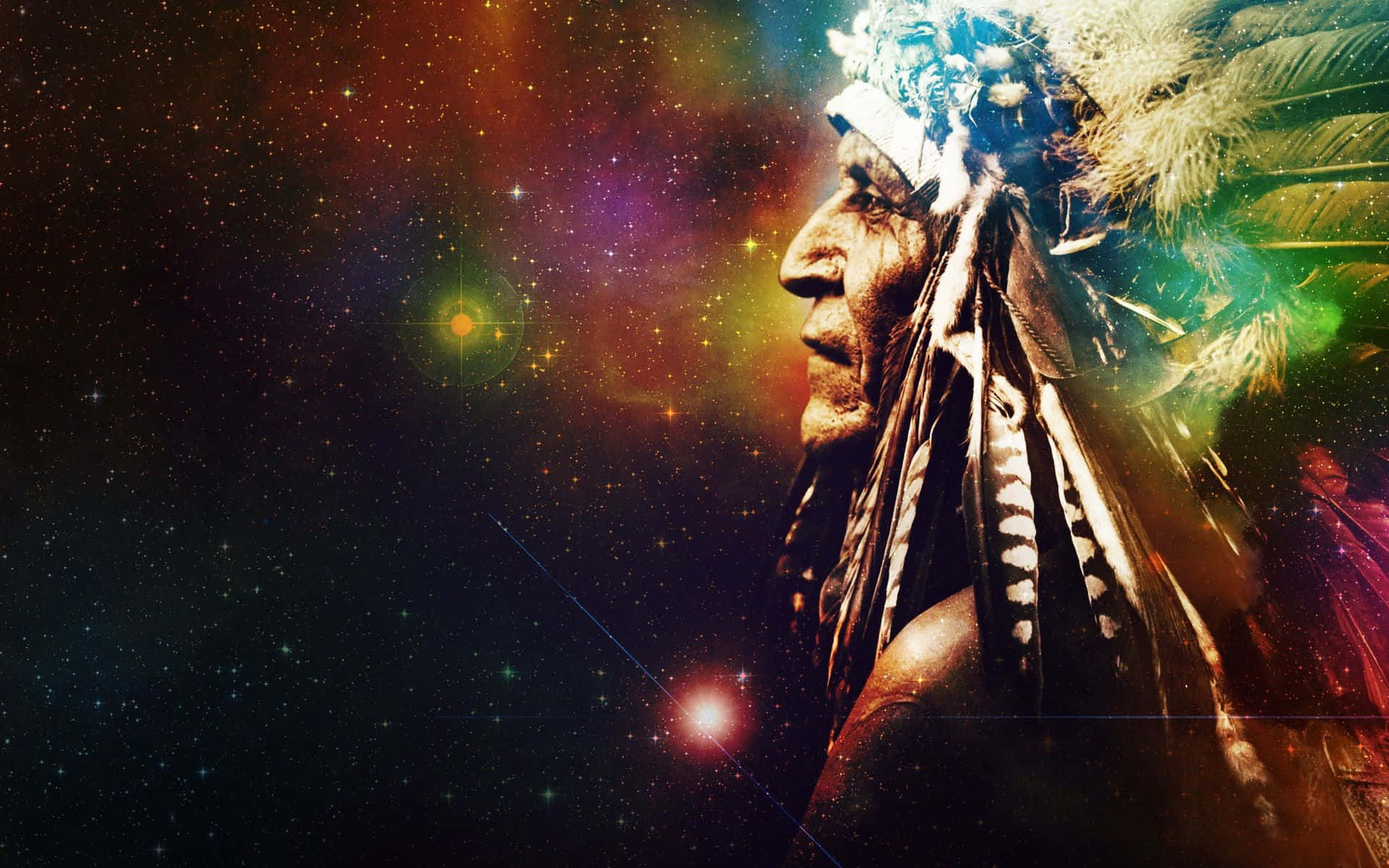 Trippy Space, feathered headdress, cosmic nebula, Full HD Desktop Wallpaper
