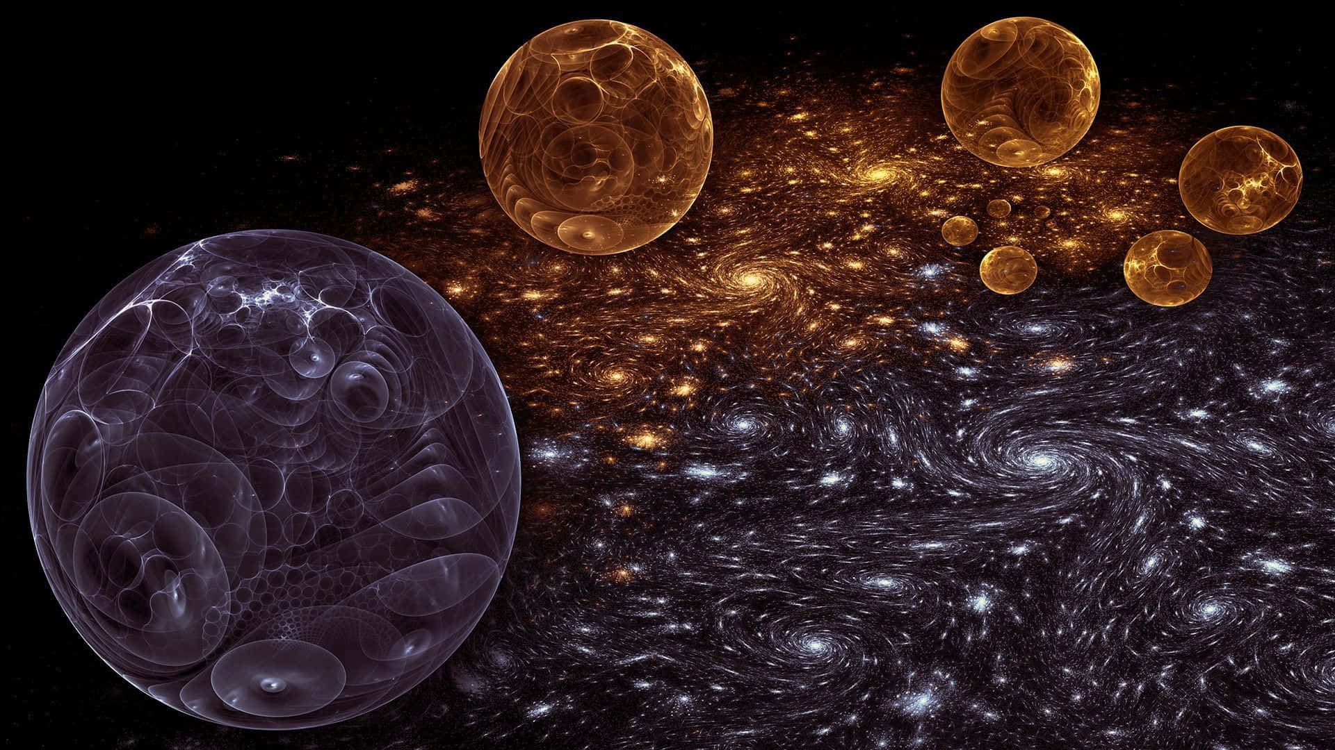 Trippy Space, glowing amber planets, translucent purple orb, Full HD Desktop Wallpaper
