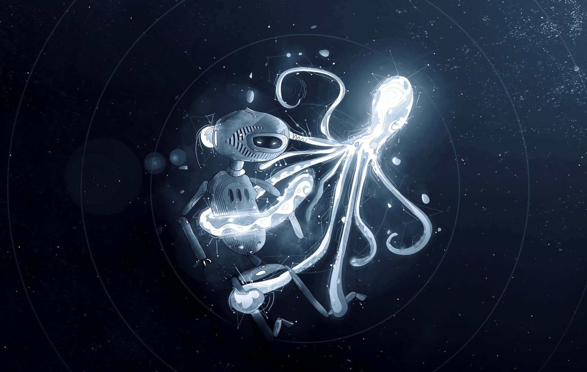 Trippy Space, glowing robotic octopus, starry cosmic void, HD Desktop Wallpaper