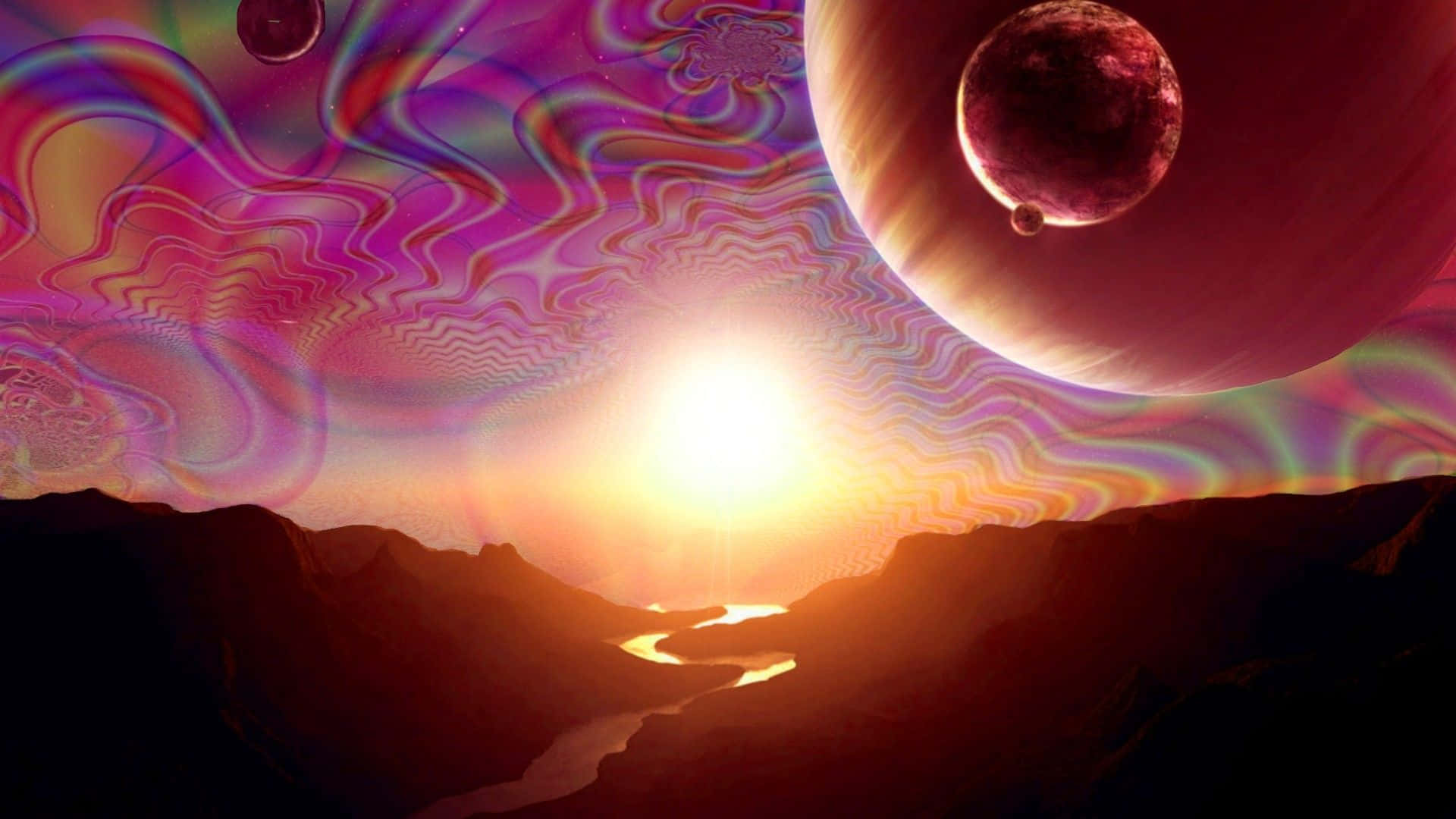 Trippy Space, golden sunset light, swirling psychedelic skies, Full HD Desktop Wallpaper
