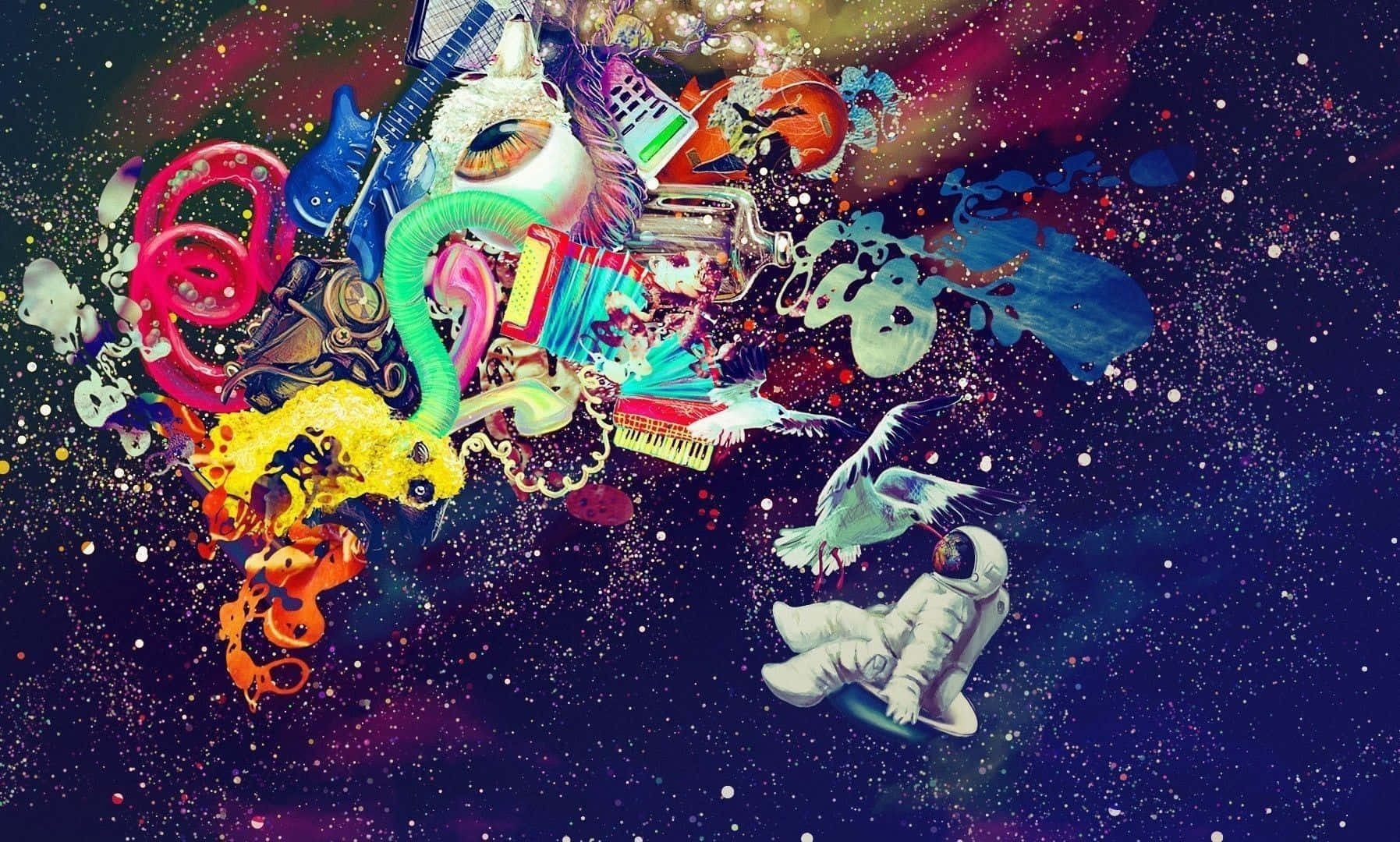 Trippy Space, surreal cosmic collage, vibrant musical instruments, HD Desktop Wallpaper