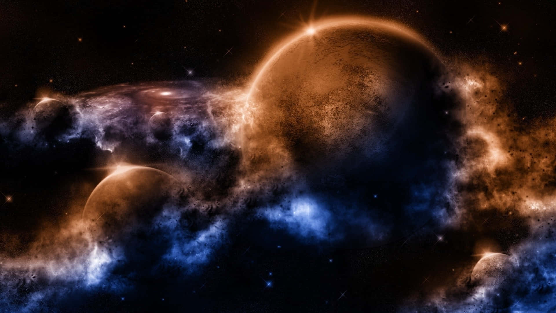 Trippy Space, glowing planets, swirling nebulae, Full HD Desktop Wallpaper