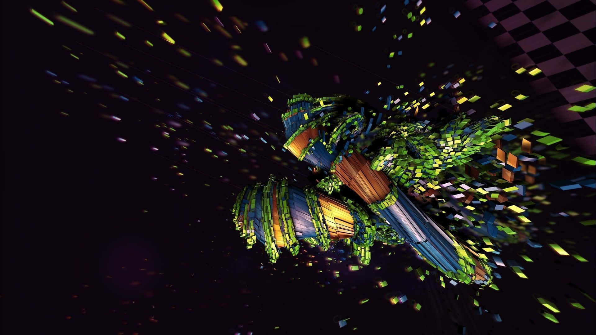 Trippy Space, glowing green blue and orange pixel fragments, dark checkered cosmic backdrop, Full HD Desktop Wallpaper