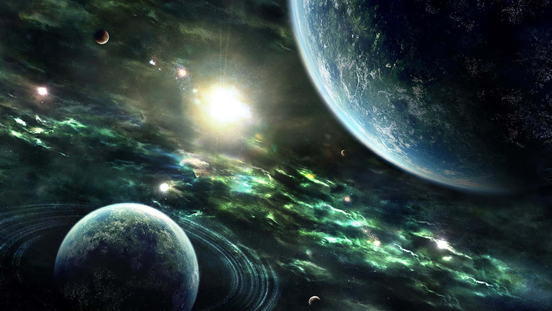 Trippy Space, glowing sun, swirling green nebulae, Full HD Desktop Wallpaper