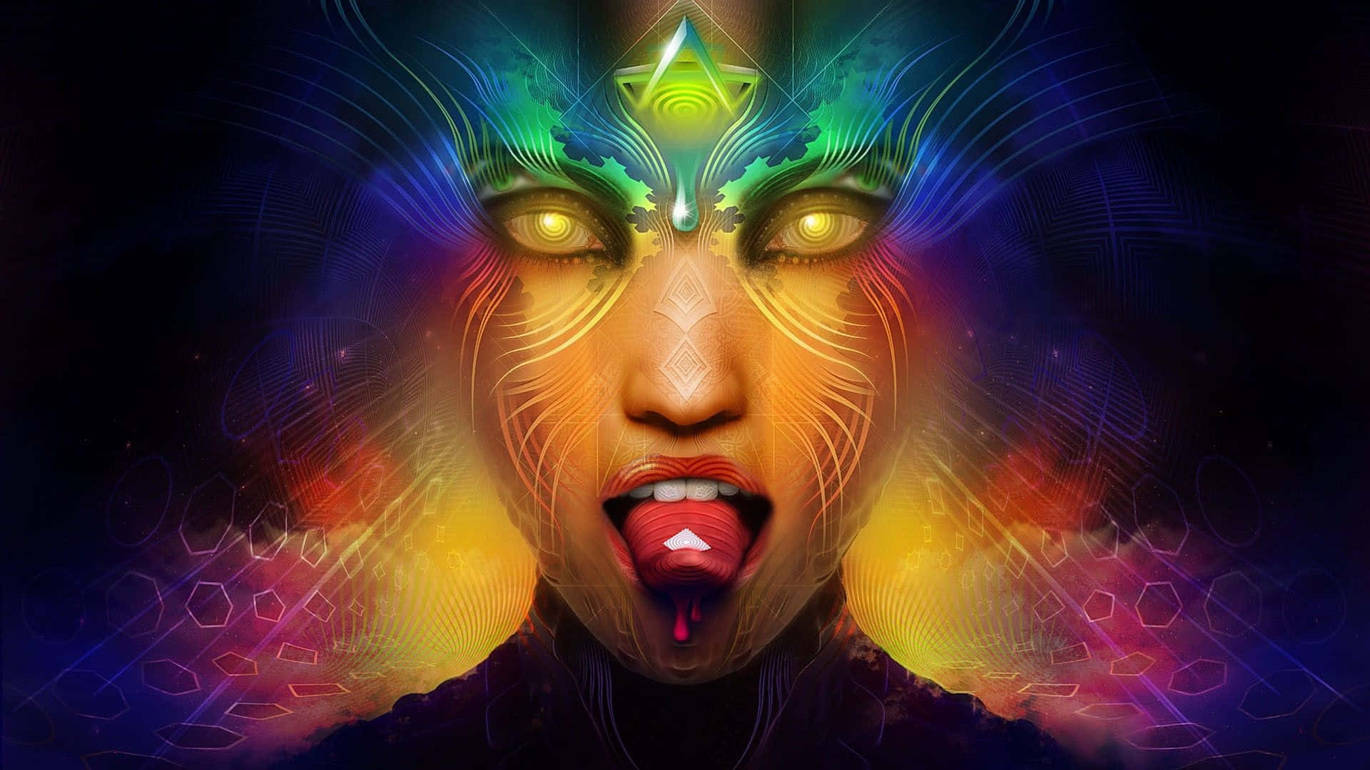 Trippy Space, glowing eyes, radiant geometric crown, Full HD Desktop Wallpaper
