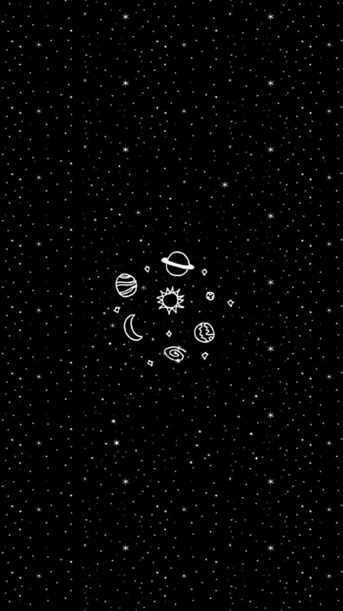 dark trippy space, minimalist white line drawing, celestial bodies, SD Phone Wallpaper