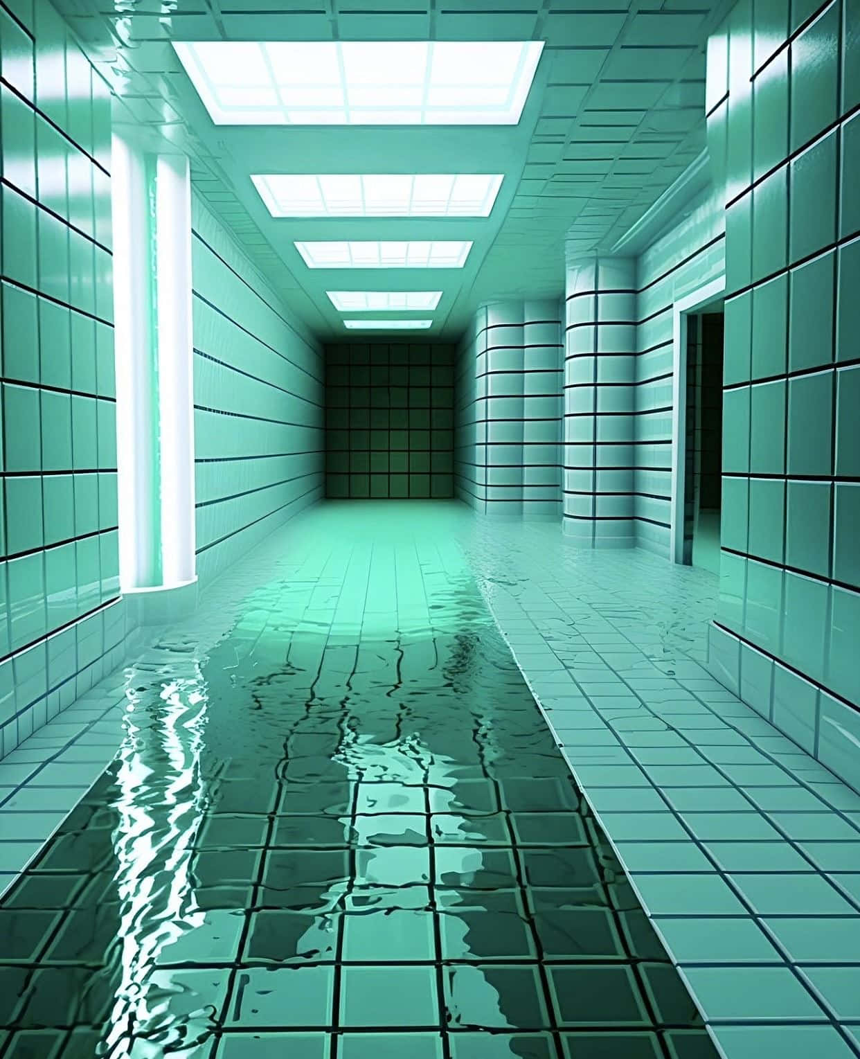 eerie green tiled hallway, flooded teal tiled hallway, glowing ceiling panels, HD Phone Wallpaper