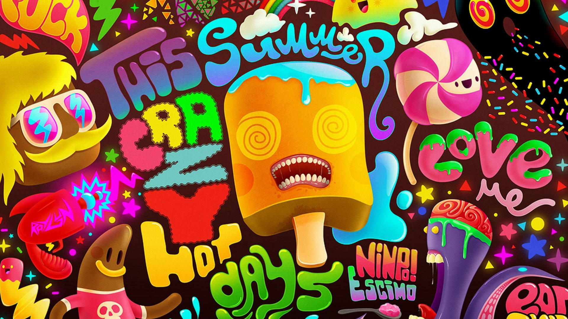 Trippy Cartoon, candy characters, rainbow text, Full HD Desktop Wallpaper