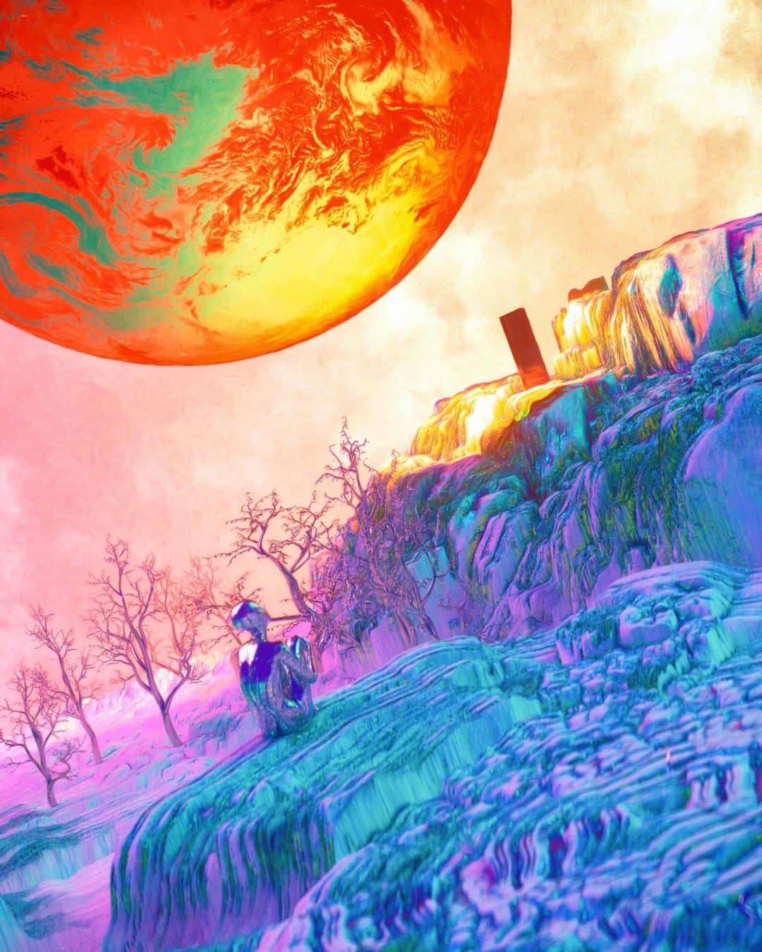 vintage trippy retro aesthetic, red heavenly body, surreal alien cliffside, HD Phone Wallpaper