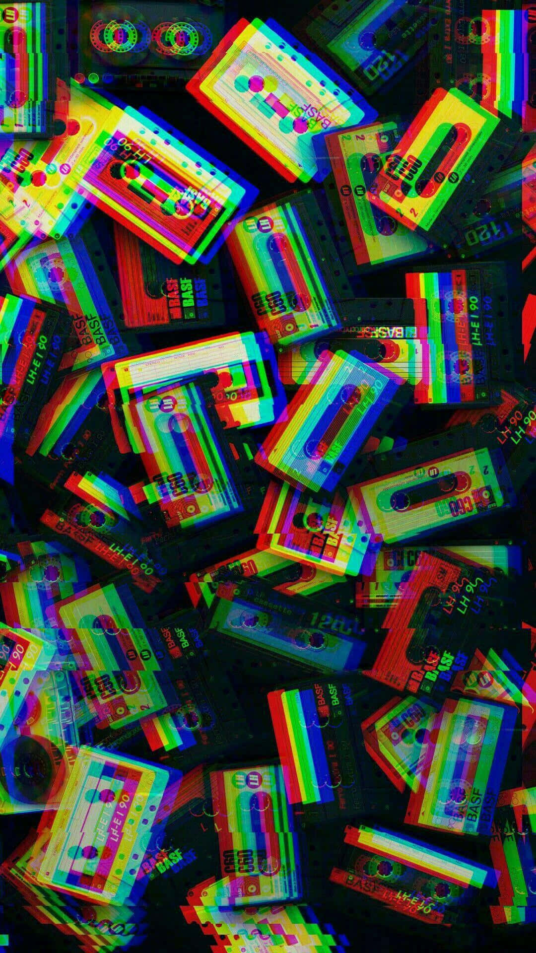 neon-colored, cassette tapes, glitchy, Full HD Phone Wallpaper