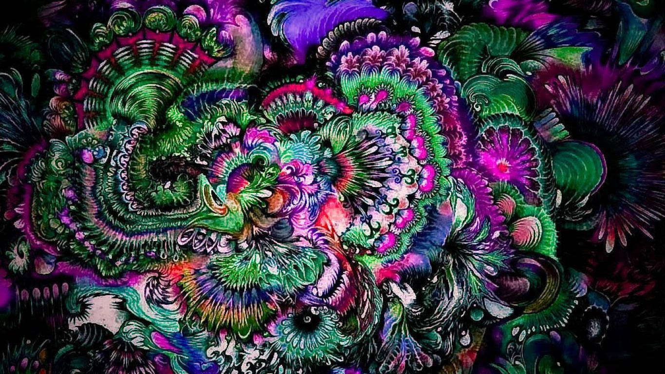 Trippy, colorful mushroom heads, neon greens, HD Desktop Wallpaper