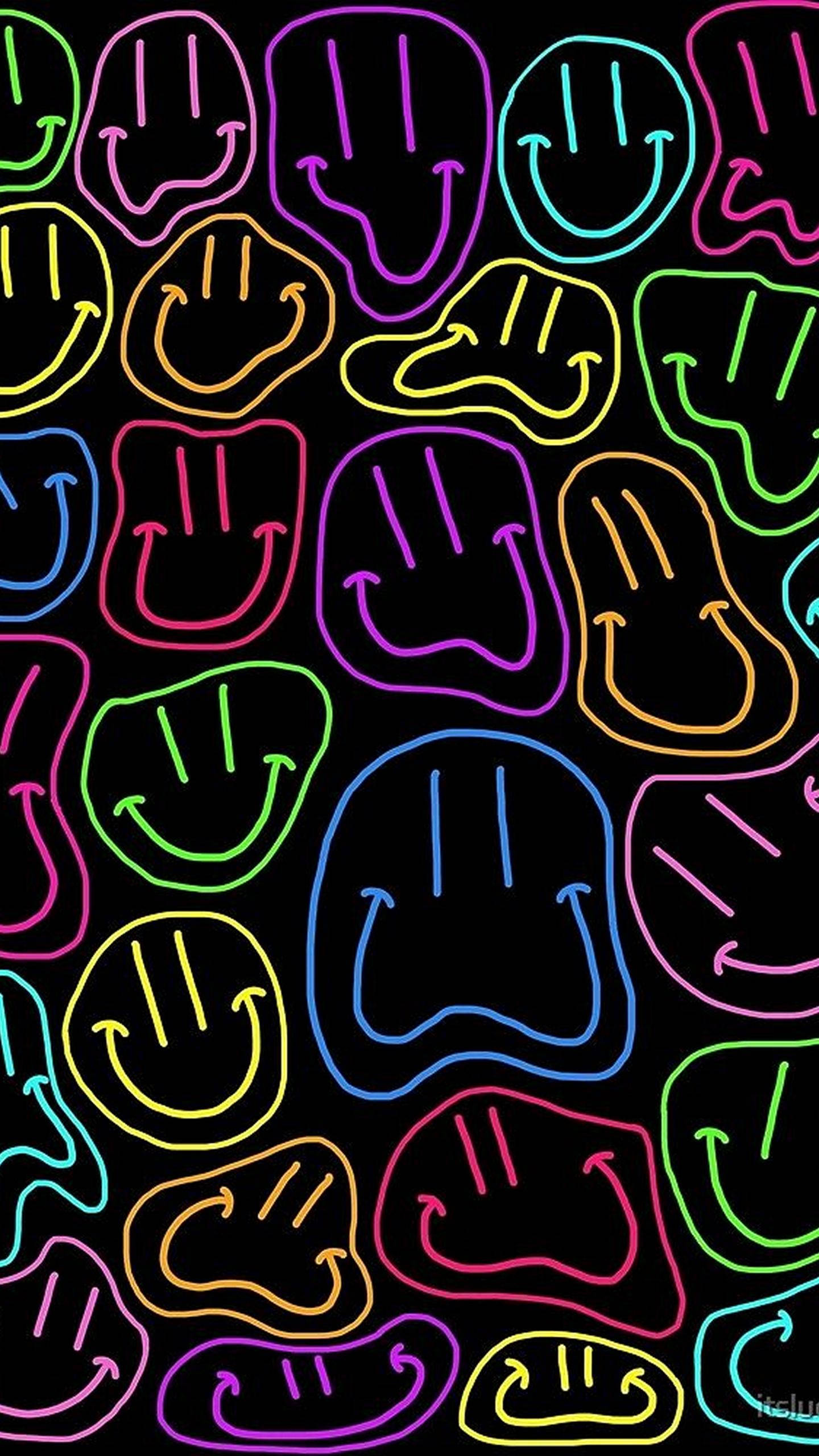 Trippy Phone Smiley, neon smiley faces, black background, 2K Phone Wallpaper