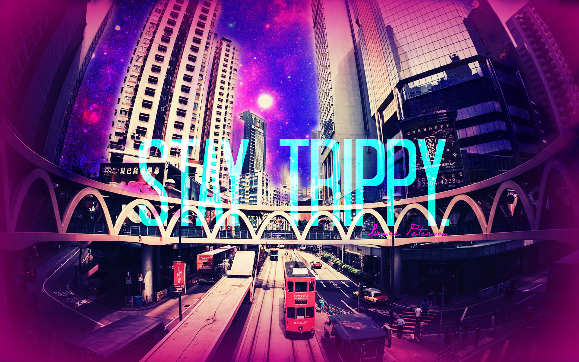 Dope Laptop, neon-drenched cityscape, cosmic sky, Full HD Desktop Wallpaper