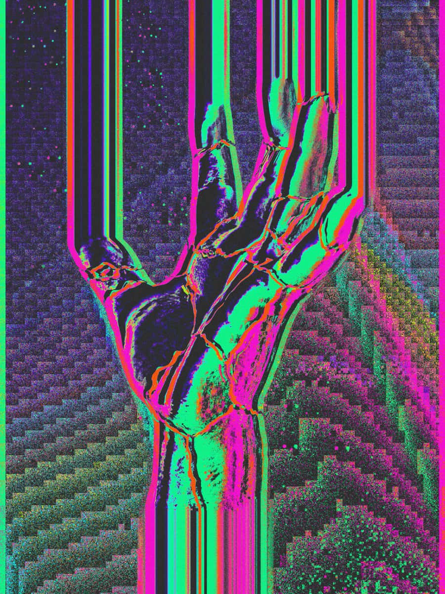 glitch-art hand, neon pink, teal stripes, SD Phone Wallpaper