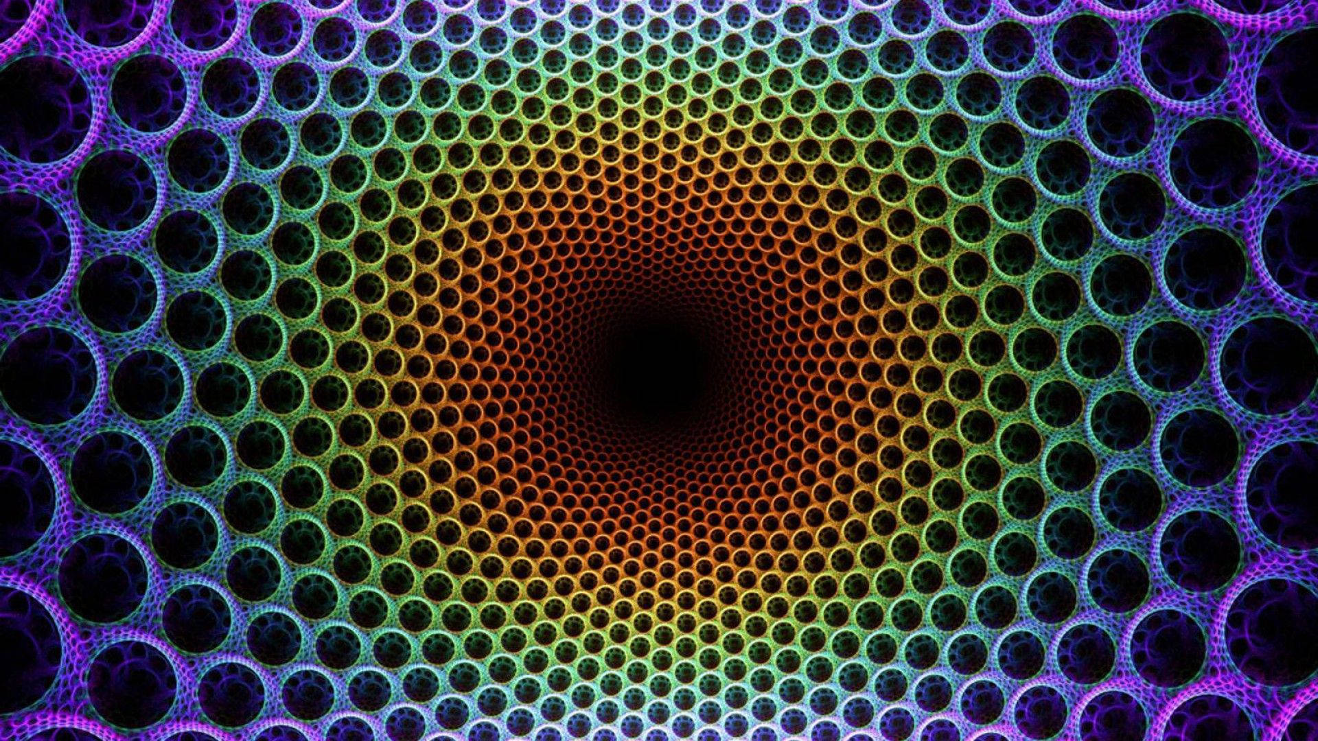 psychedelic wave, glowing rainbow-colored hexagonal holes, digital tunnel, Full HD Desktop Wallpaper