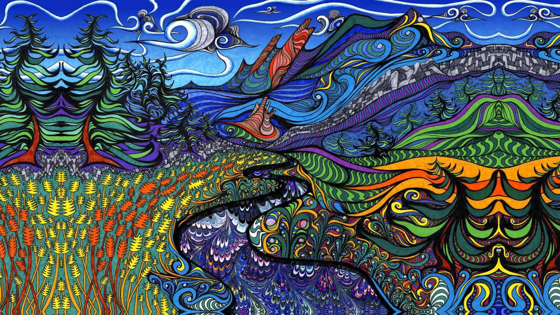 vibrant psychedelic landscape, swirling mountains, bold intricate patterns, Full HD Desktop Wallpaper