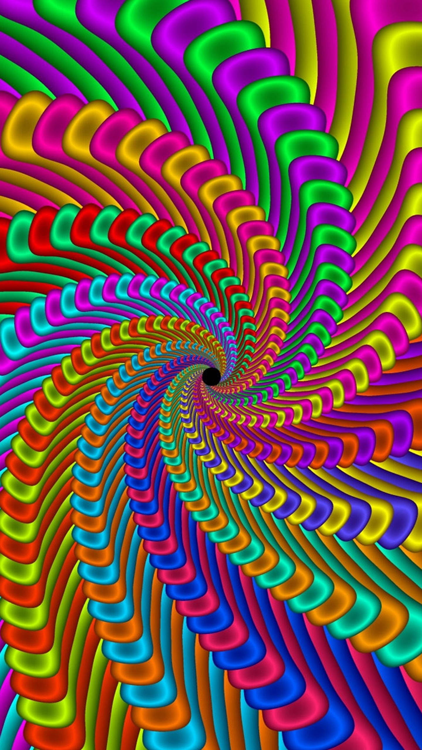 psychedelic spiral tunnel, glossy rainbow bands, dark center, 2K Phone Wallpaper