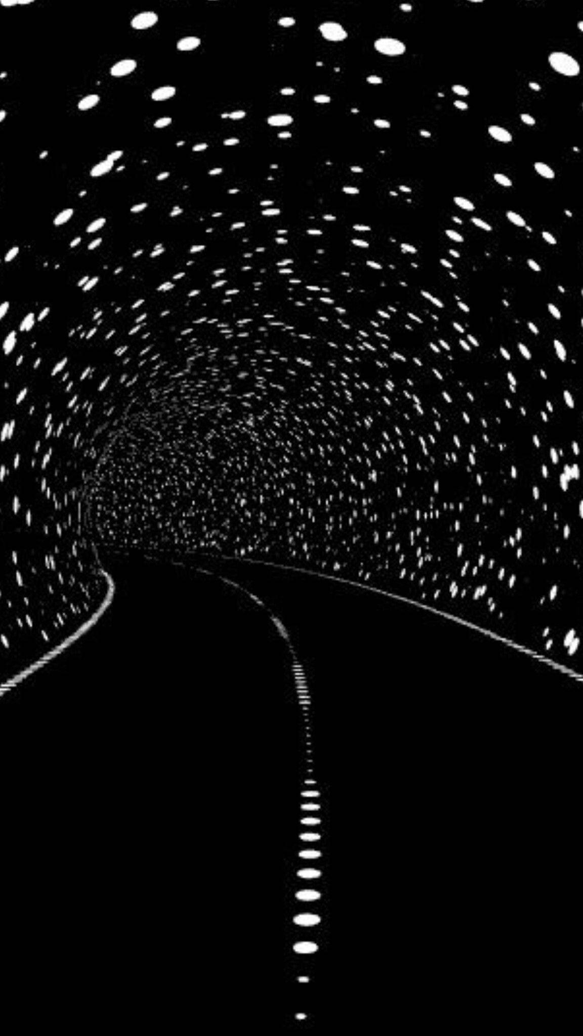 black trippy roadway, black and white tunnel, glowing dots, Full HD Phone Wallpaper