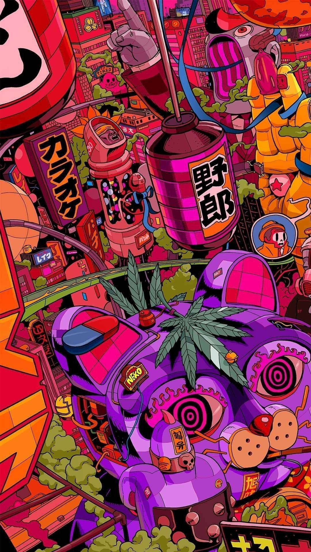 Psychedelic iPhone Japan Items, anime-style cityscape, neon signs, Full HD Phone Wallpaper