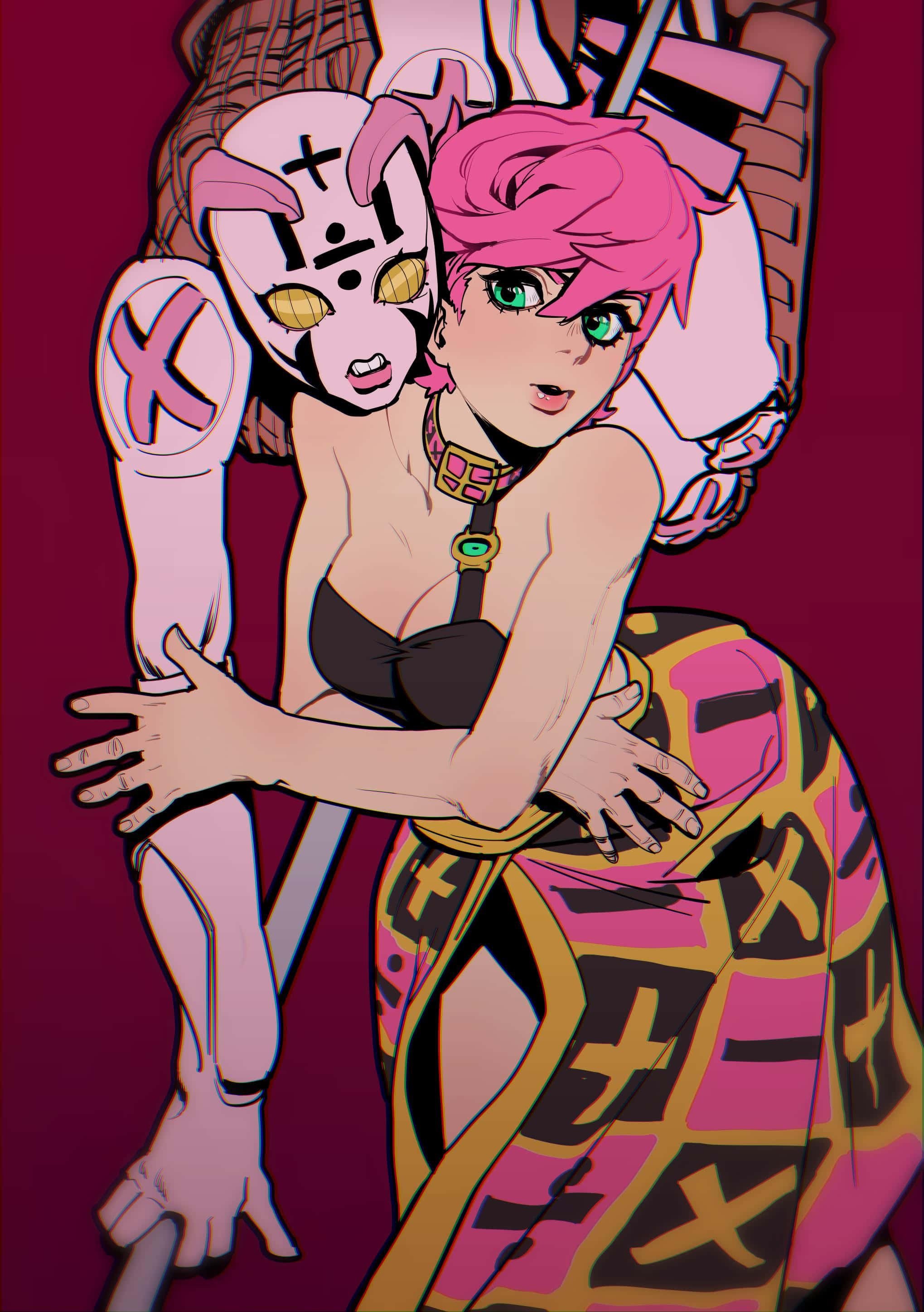 Trish Una, pink-haired anime girl, patterned outfit, 2K Phone Wallpaper