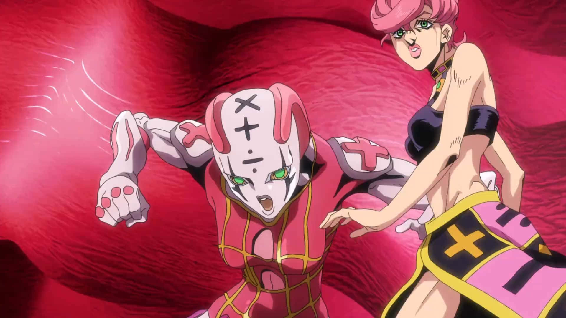 Trish Una, pink and black outfits, swirling red background, Full HD Desktop Wallpaper
