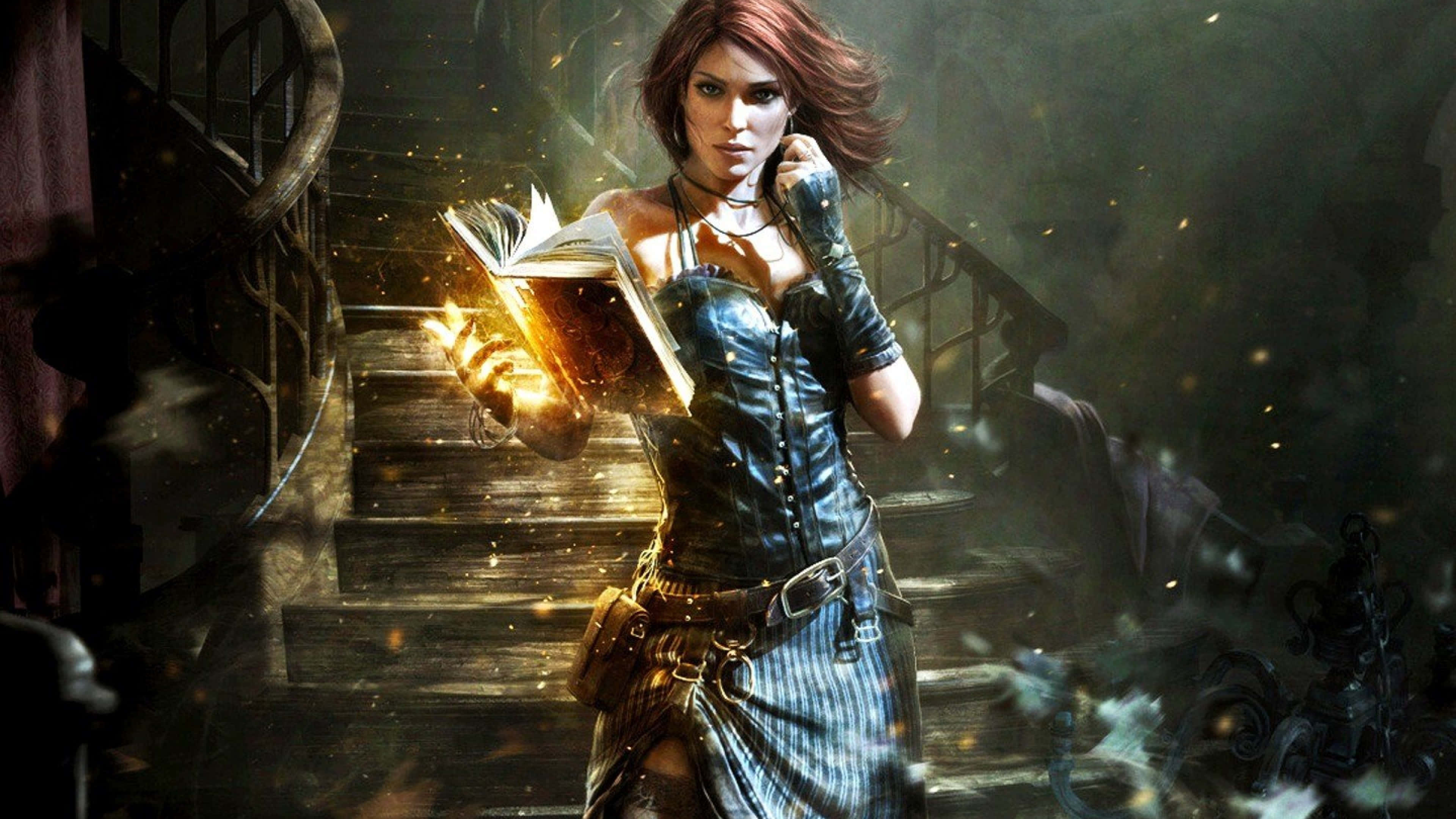 Triss Merigold, steampunk gear, glowing book, 4K Desktop Wallpaper